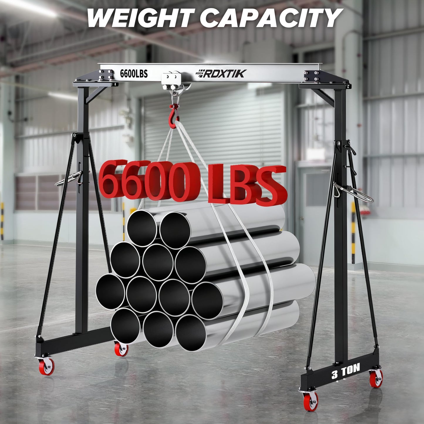 RDXTIK 3 Ton 6600Lbs Gantry Crane, 9.06FT Maximum Width, 8.53-12.47ft Adjustable Height, Portable Shop Lift Hoist with 3 Ton Manual Trolley, Silver