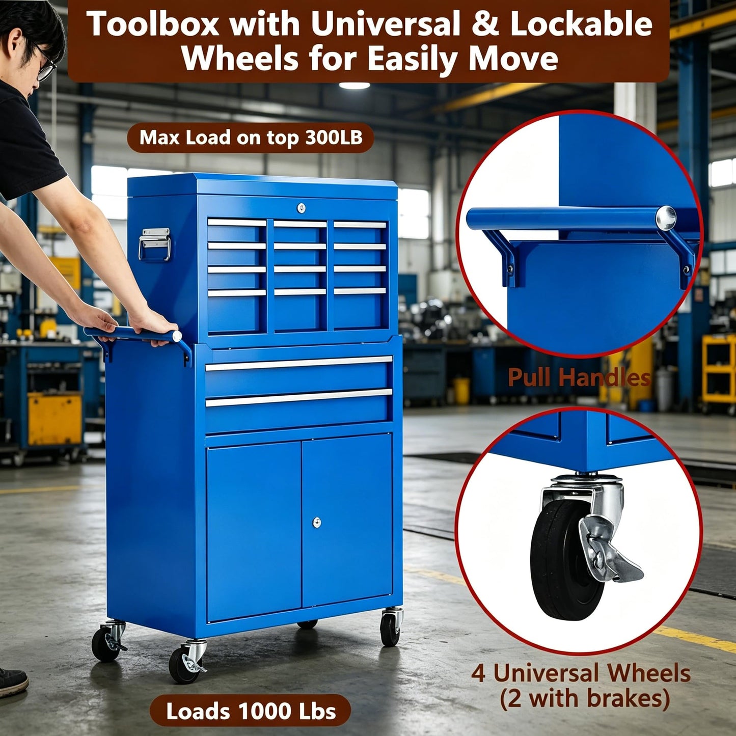 8-Drawer Rolling Tool Chest, 2-in-1 High Capacity Tool Storage with Detachable Top Cabinet, Locking System, Wheels and Liners for Garage, Workshop, Blue