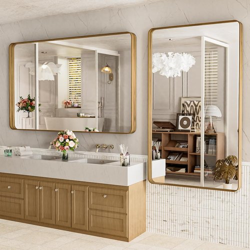 LOAAO Bathroom Mirror - 60X36 Inch Rounded Rectangle with Wood Grain Metal Frame | Anti-Rust, Versatile Hanging Options