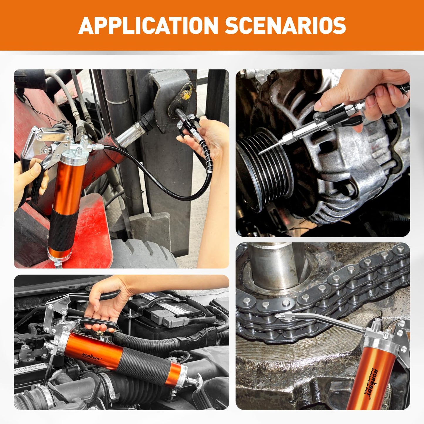 18-Piece 8000PSI Heavy Duty Grease Gun Kit with 14oz Grease, 2x11" Hoses, Flex Hose, Extension Pipes, Lock Coupler, Injector, Sharp Nozzle for Vehicle, Farm, Workshop, Marine, Easy Operation Tool