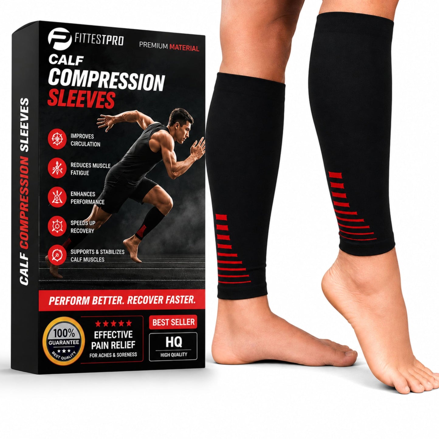 Fittest Pro Leg Compression Sleeve, Calf Support Sleeves Legs Pain Relief for Men and Women, Comfortable and Secure Footless Socks for Fitness, Running, and Shin Splints – Black, Medium (One Pair)