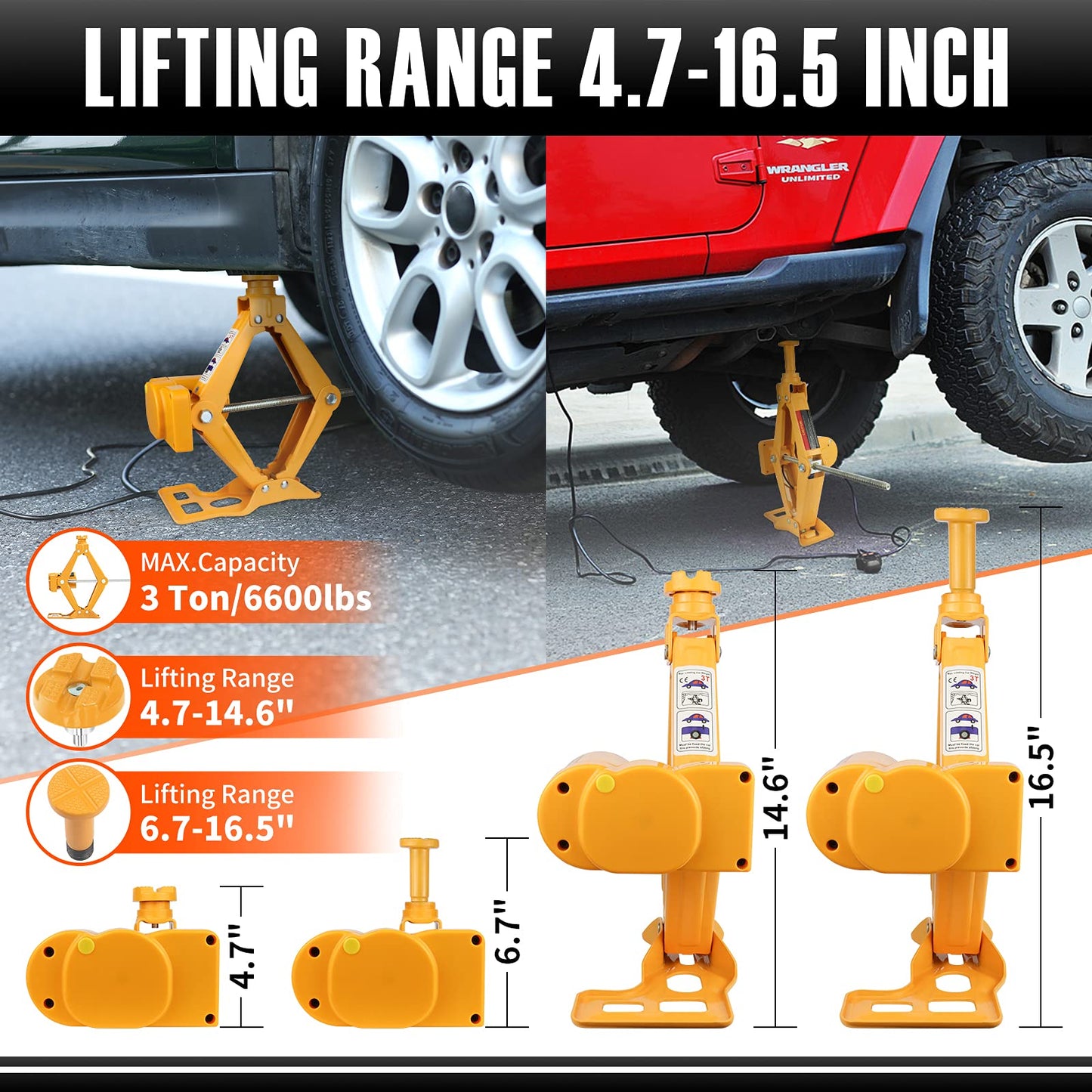 E-HEELP Electric Car Jack 3T Scissor Floor Jack Set 12V Automatic Vehicle Lift Kit with Impact Wrench & Inflator for Sedans(Lifting rang: 4.72~14.57 inch)