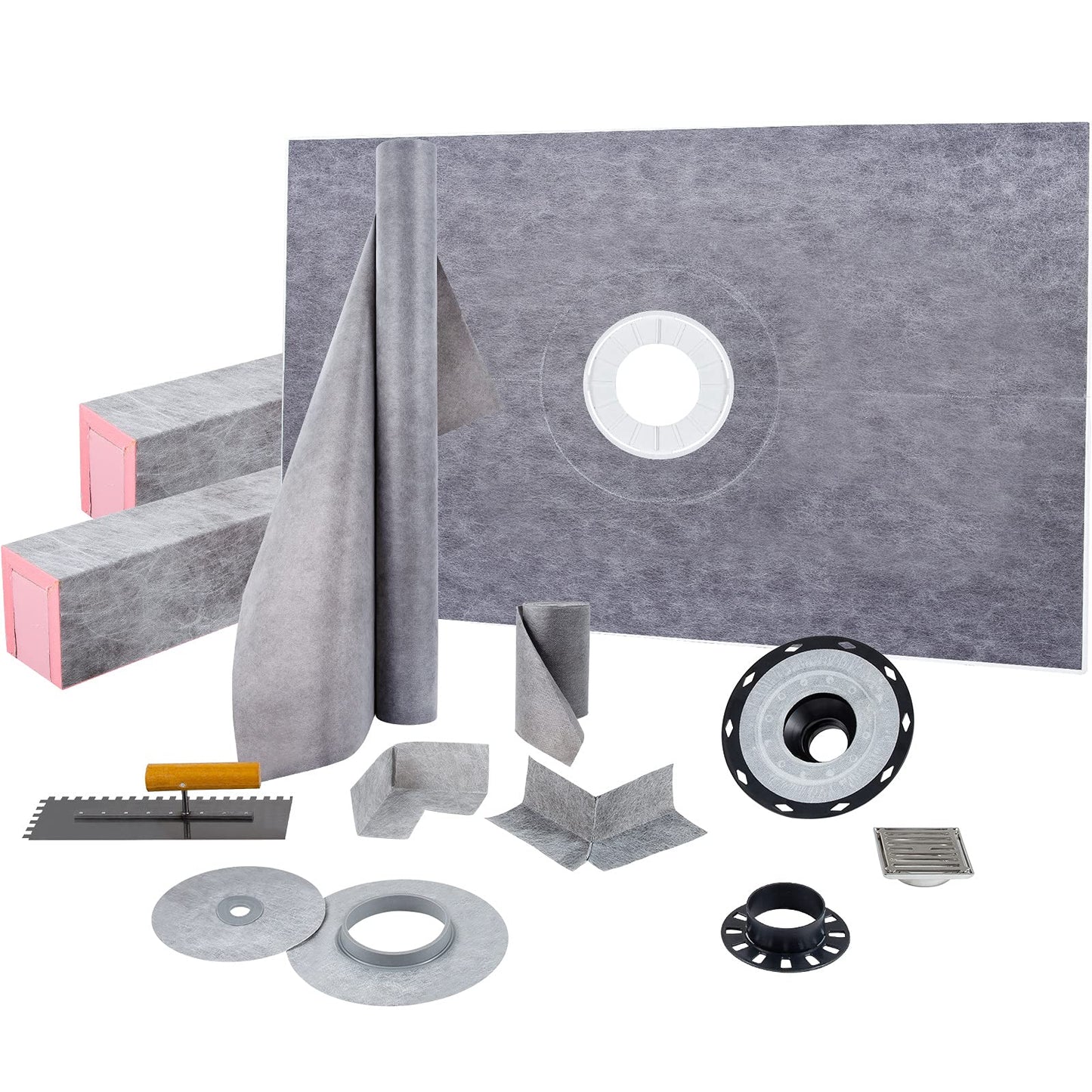 VEVOR Shower Curb Kit, 48"x72" Watertight Shower Curb Overlay with 4" PVC Central Bonding Flange, 4" Stainless Steel Grate, 2 Cuttable Shower Curb and Trowel, Shower Pan Slope Sticks Fit for Bathroom