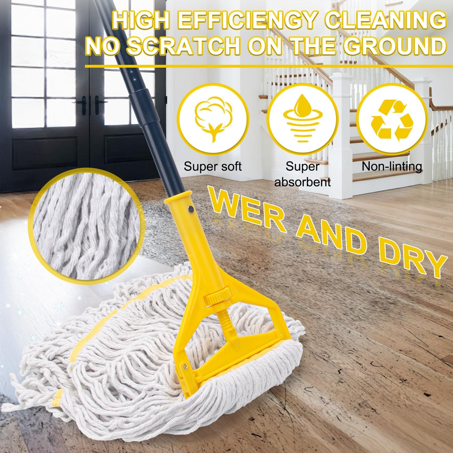 Commercial Mop with 3 Extra Large Replacement Heads,59" Long Handle Heavy Duty Industrial Mops for Floor Cleaning,Looped-End String Wet Cotton Mop for Home,Kitchen,Office,Garage,Concrete/Tile Floor