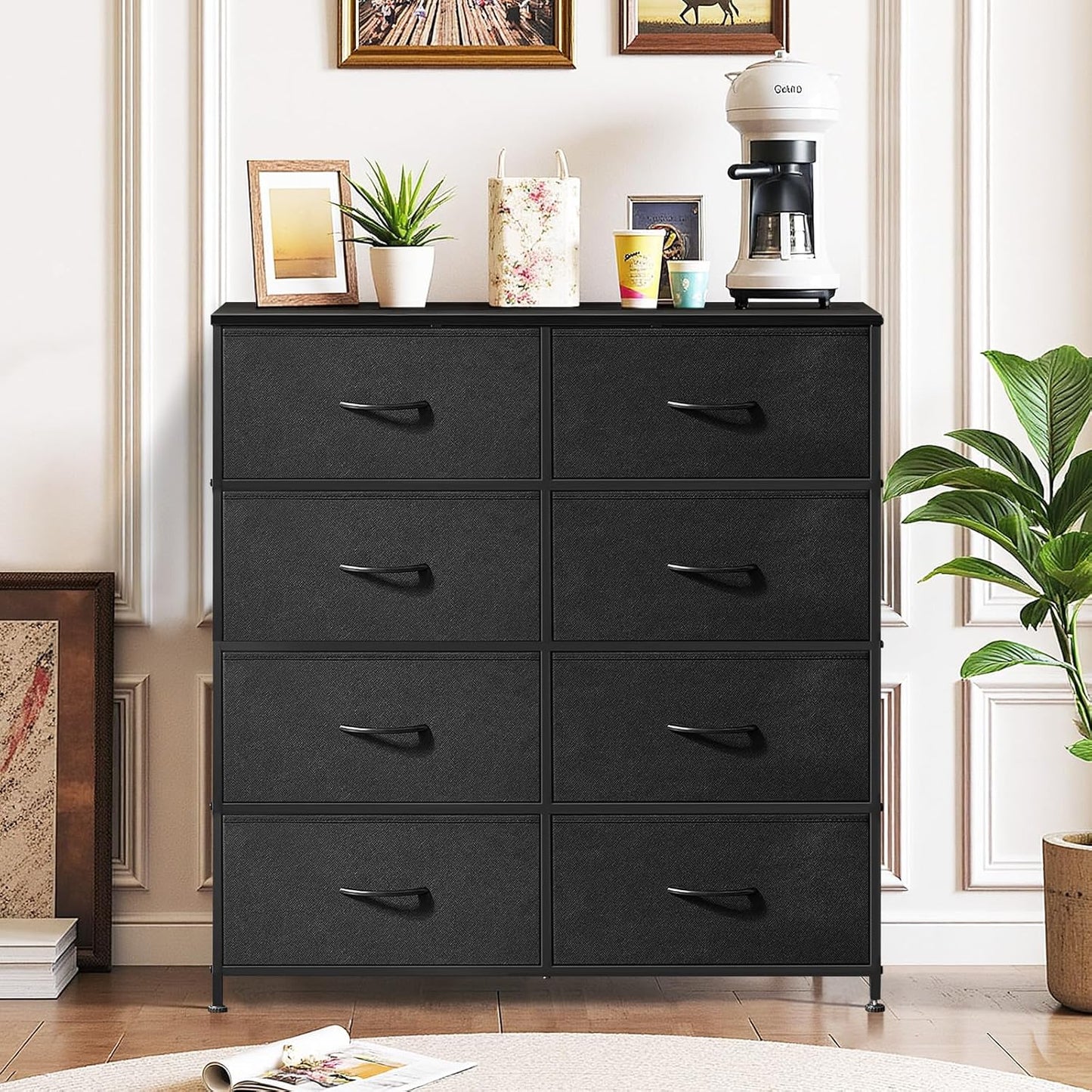 Regine Switzerland 8-Drawer Dresser - Anti-Tip Tall Storage Organizer with Wooden Top & Metal Frame | Black