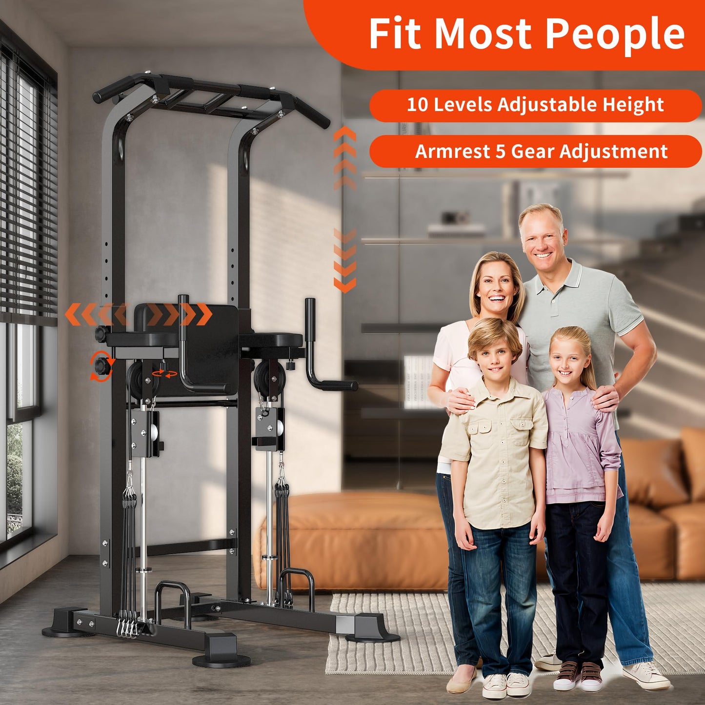 SogesHome Power Tower Pull Up Bar and Dip Station, Multi-Function Pull Ups, Adjustable Height Dip Bar Strength Training Workout Equipment, Pull Up Stand Workout for Home Gym Exercise Equipment, Black