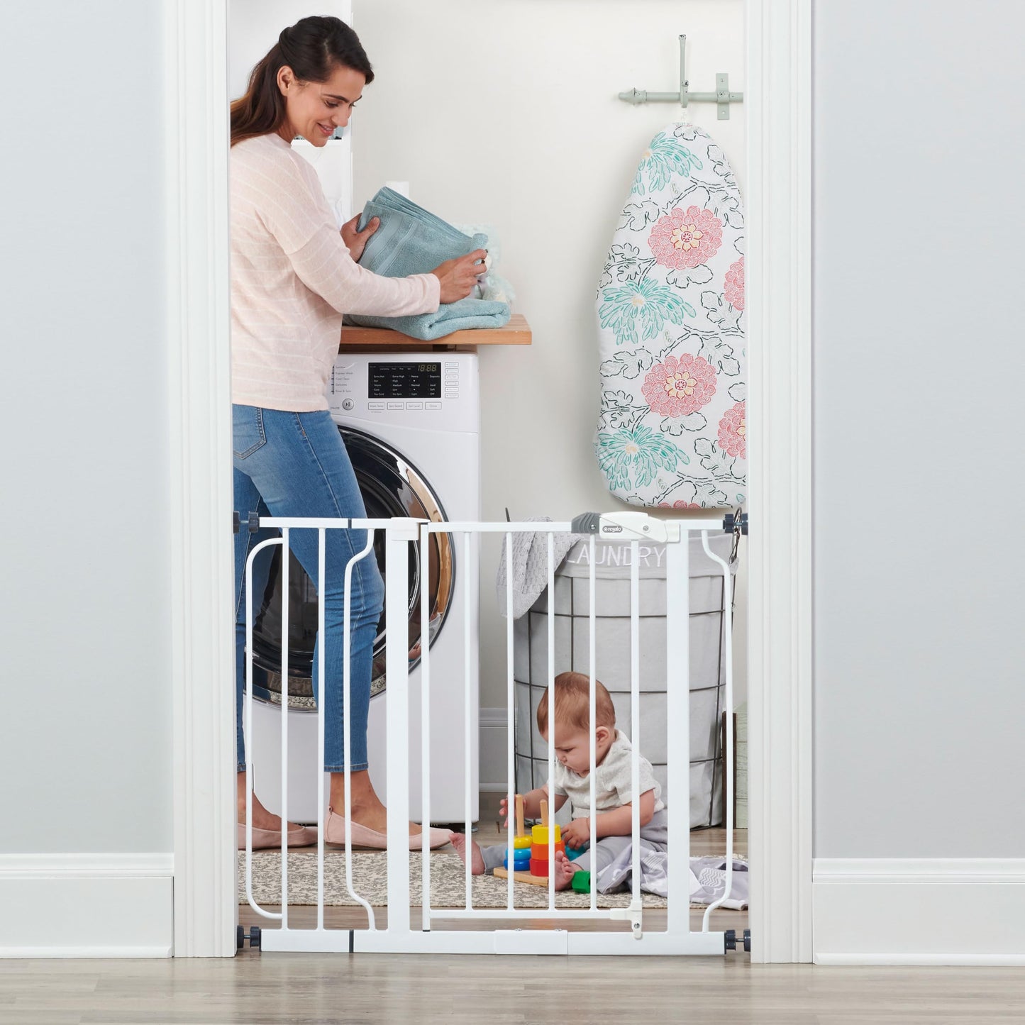 Regalo Safety 29-38.5" Baby Gate for Doorways & Bottom of Stairs, Pressure Mounted Baby Gate with Door for Babies, Toddlers & Pets, Tested & Safe for 30 Years, American Designed, American Owned, White