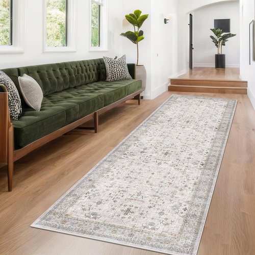 Hazo Haus Light Gray Kitchen Rug - Modern Boho Floral Design | Washable Non-Slip 10 ft Runner