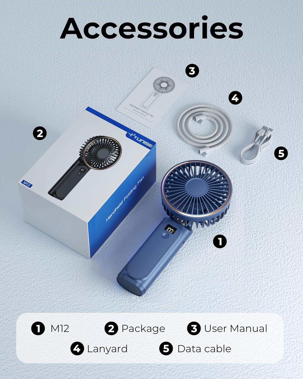 TUNISE Portable Handheld Fan - Rechargeable 4000mAh Battery, 180° Adjustable, 6 Speeds, Quiet Design
