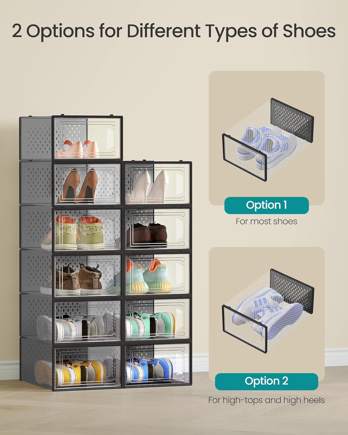 SONGMICS Shoe Storage Organizers - Pack of 12 Stackable Clear Plastic Boxes for Sneakers | 13.1 x 9.1 x 5.6 Inches, Transparent & Black