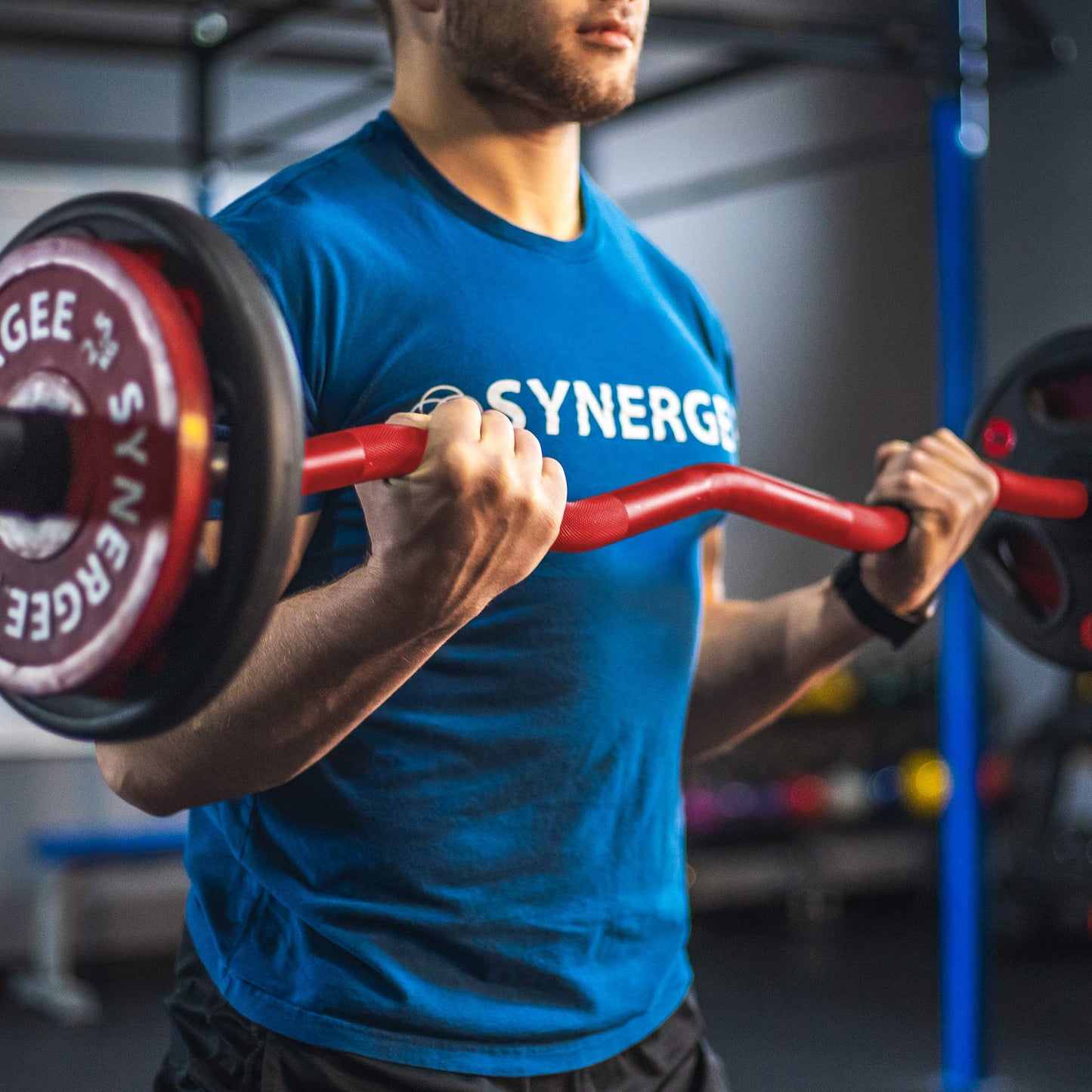Synergee Commercial EZ Curl Olympic Bar Red Cerakote with Powder Coated Black Bushings Excellent for Bicep Curls and Triceps Extensions