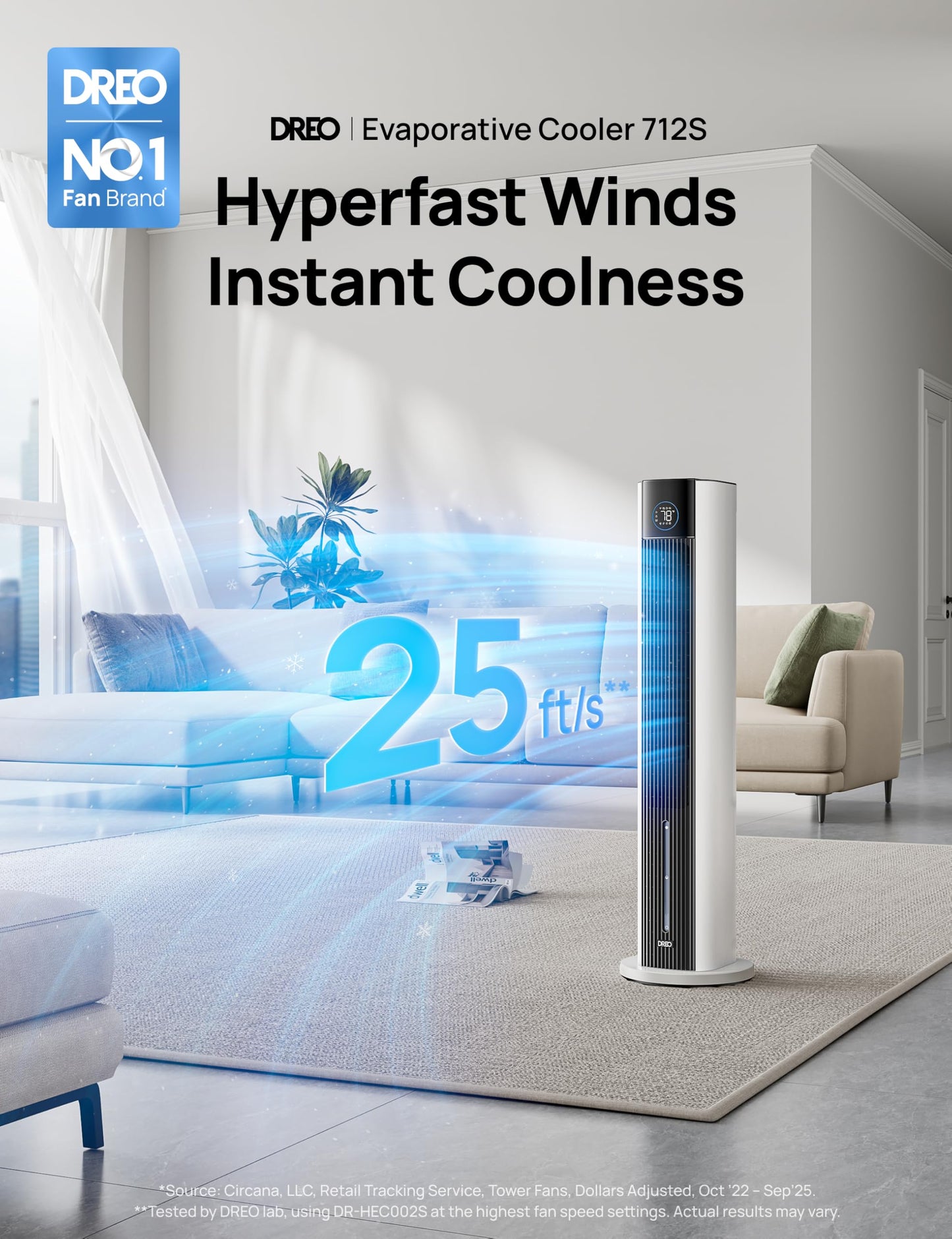 DREO Evaporative Air Swamp Cooler, 43" Cooling Fans that Blow Cold Air 2026 Upgraded, 80° Oscillating Floor Fan for Bedroom, Easy Cleaning, APP Control, Ice Packs, 4 Speeds & 4 Modes, 12H Timer, White