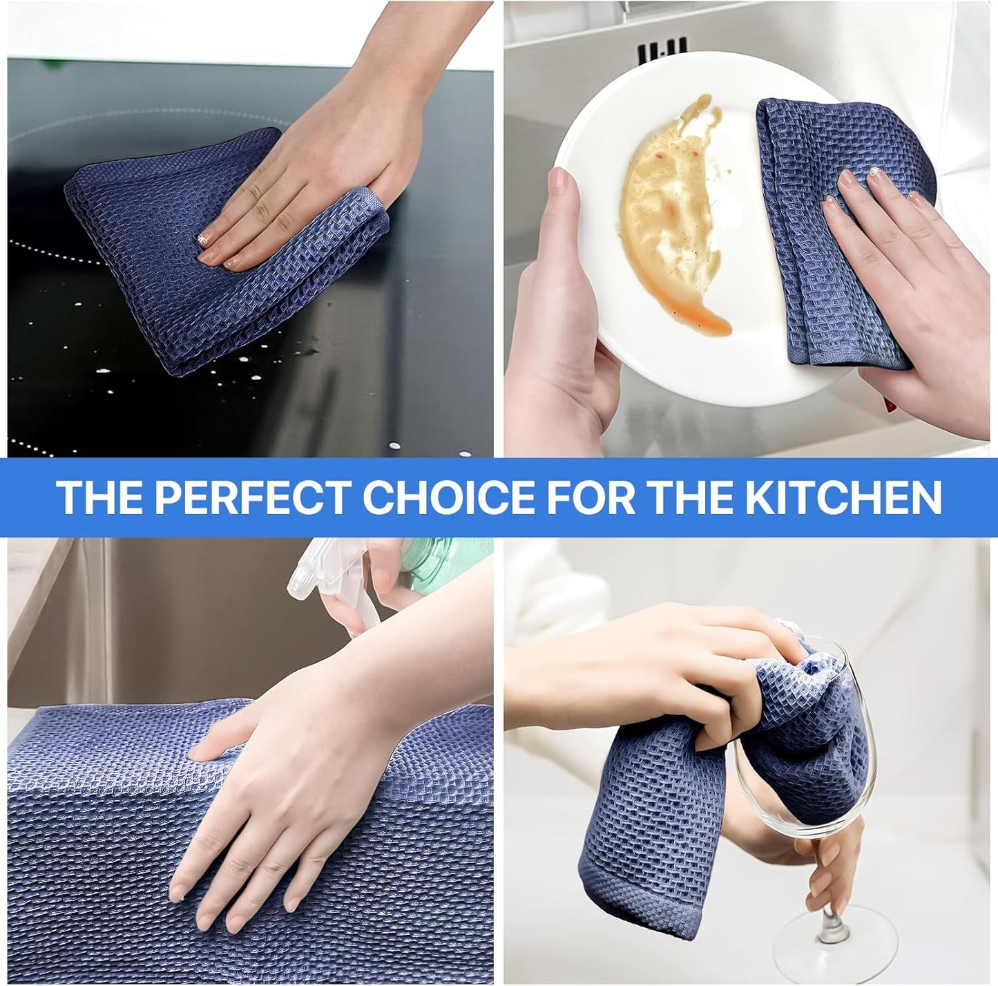 Skiennix 100% Cotton Waffle Weave Kitchen Towels - Ultra Soft & Absorbent Dish Cloths | 6 Pack, Dark Blue, 12x12 Inches