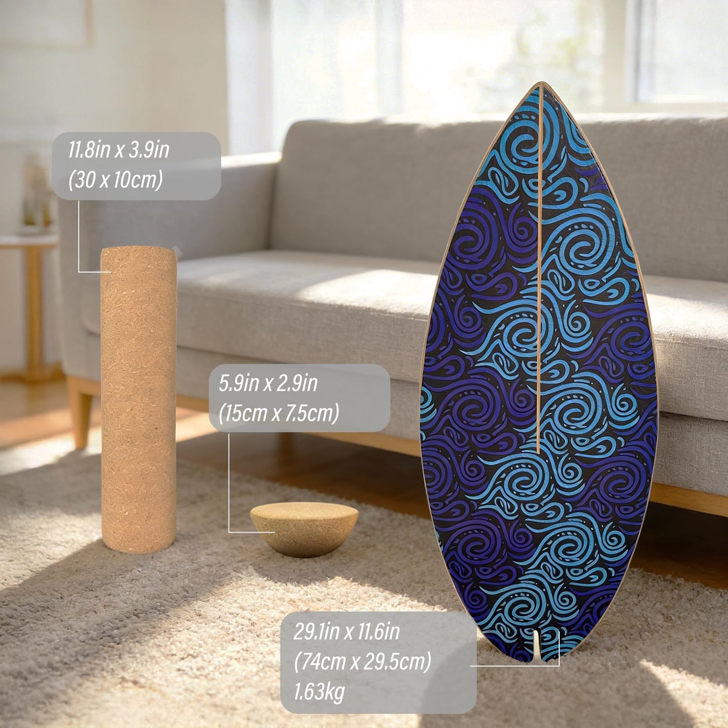 BOLUDON 2026 NEW｜29" Surf Balance Board for Kids & Adults｜MAX. 350lbs Balance Boards with Cork Roller & Half Ball｜0.6" Wobble Board Trainer from Beginner to Advanced｜Wooden Slack Board