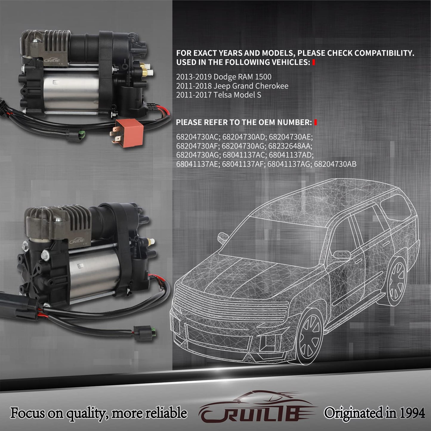 RUILIB 949-356 Airmatic Air Suspension Compressor Air Pump Kit Replacement 949-300 68041137AF 68204730AB for Jeep Grand Cherokee WK2,Dodge RAM 1500,Tesla Model S