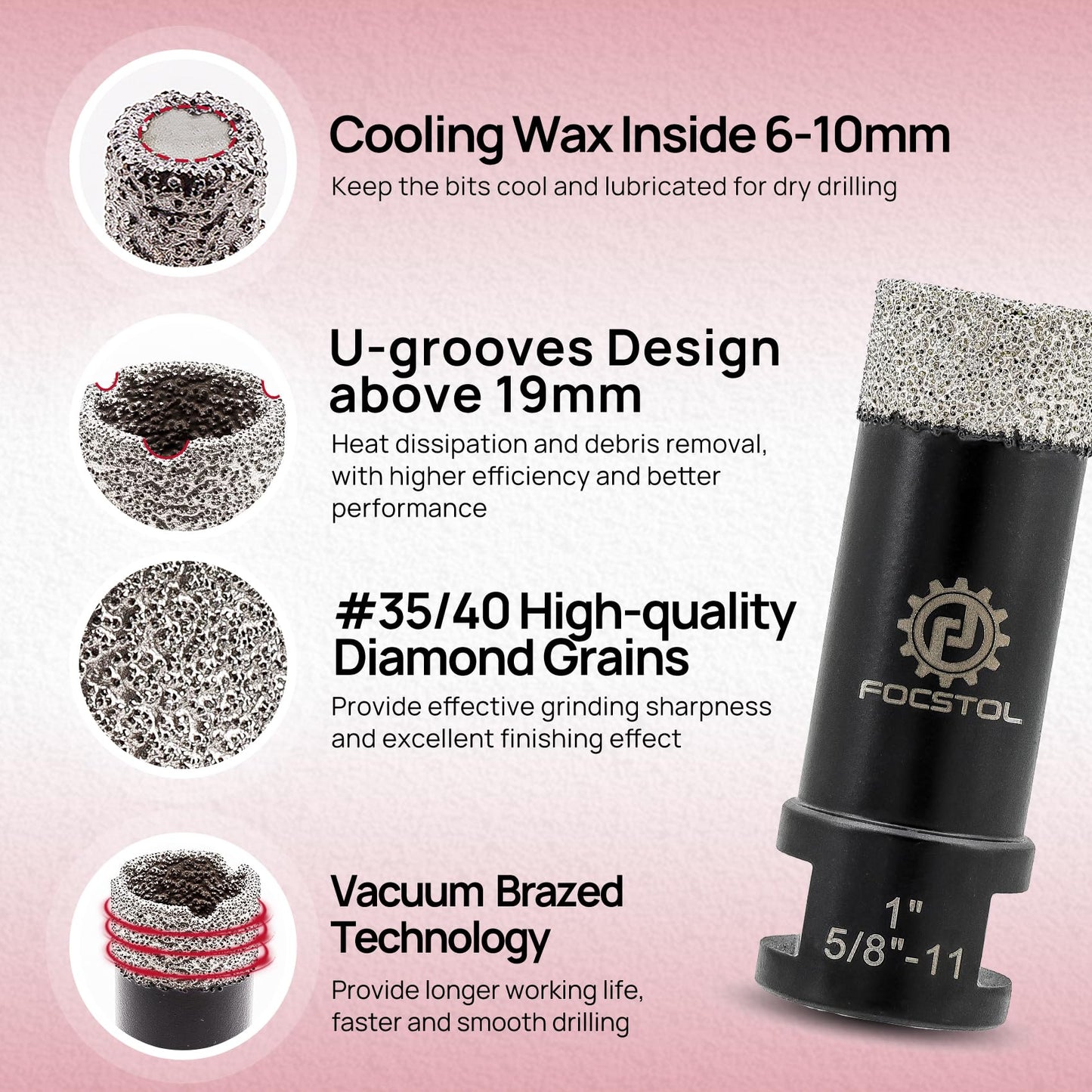 Diamond Core Drill Bit Set - FOCSTOL 11pcs (6/6/19/35/51/76/102mm+20mm Finger Milling Bit+50mm Beveling Chamfer Bit+Hex+SDS) Diamond Hole Saw Kit for Porcelain Ceramic Tile Marble Granite