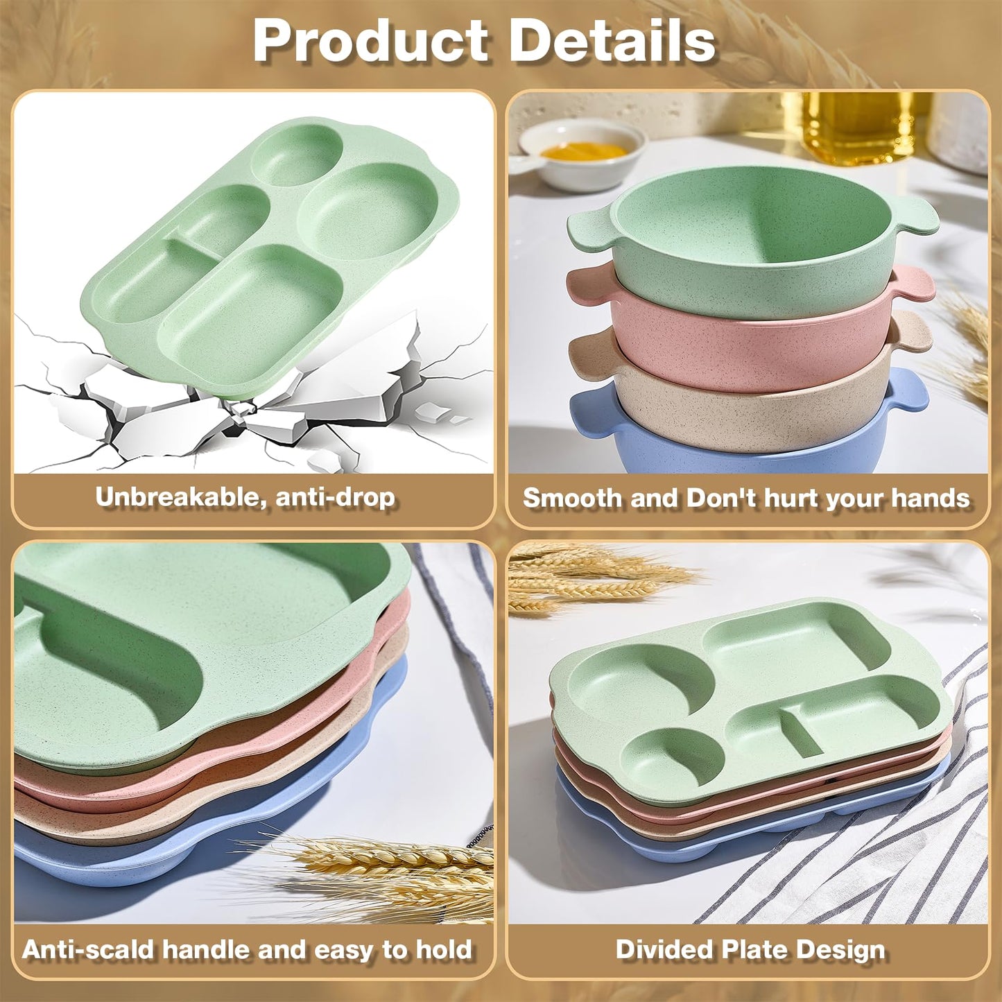 Hlukana 24 Pcs Wheat Straw Dinnerware Cutlery Set, Unbreakable Tableware Set, Including Kids Toddlers Divided Plates, Bowls, Cup, Cutlery Spoons Knifes Forks, BPA Free, Microwave Dishwasher Safe