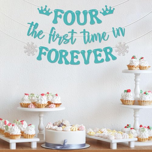 Four The First Time in Forever Banner - Snowflake 4th Birthday Decor | Princess Frozen Theme