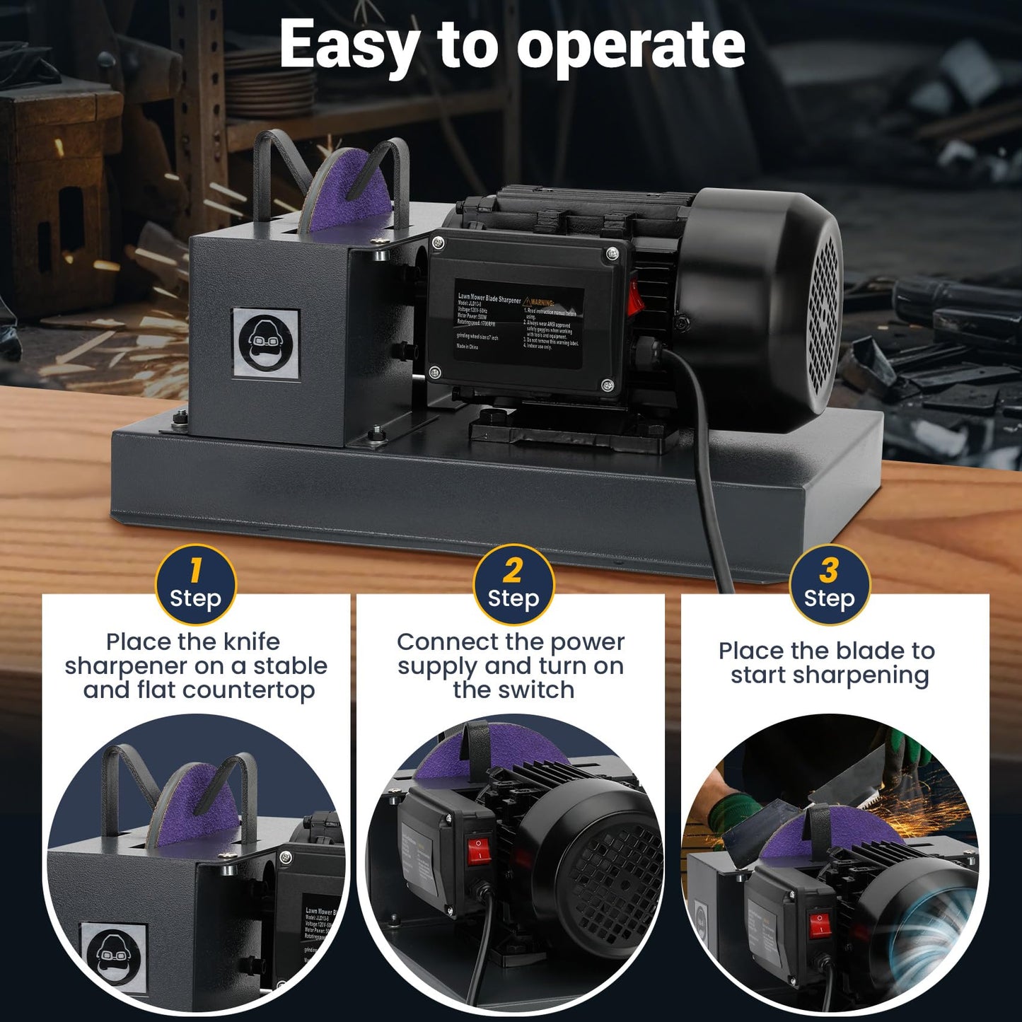 Lawn Mower Blade Bench Grinder,2/3HP 500W Lawn Blade Sharpener, Electric Lawn Mower Blade Sharpeners with 30° 40° Adjustable Brackets, 7 Inch Ceramic Sandpaperfor High/Low Lift, Gator, Flat Blades