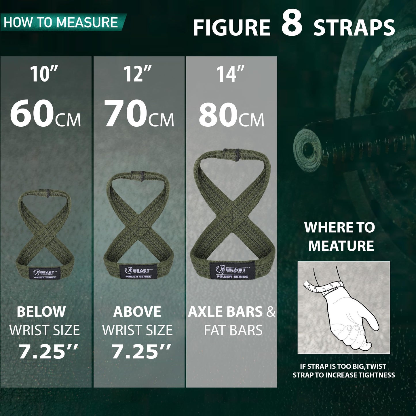 Beastpowergear Figure 8 Strap | Heavy Duty Deadlift Straps Weight Lifting Power Wrist Strap | Weightlifting Powerlifting Shrugs Workout Men Women (Green/Black, Small 10” (Up to 6.5 Wrist Circumference))