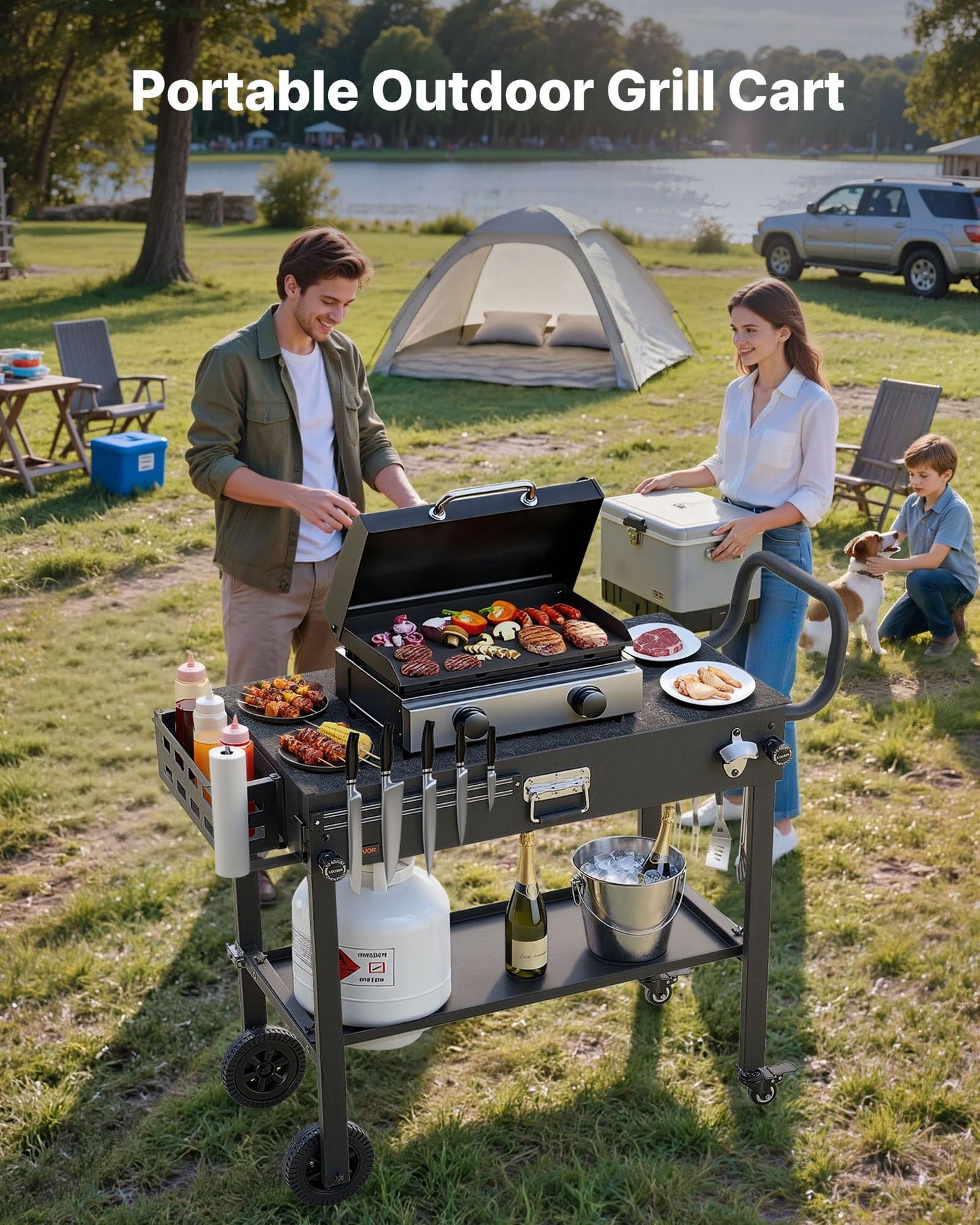 VEVOR Outdoor Grill Cart, 31.0 x 17.0 inch Tabletop Size Grilling Table, Foldable Outdoor Cooking Table with Tissue Holder, Wheels, Magnetic Tool Rack, BBQ Prep Tables for Picnic, Kitchen, Courtyard