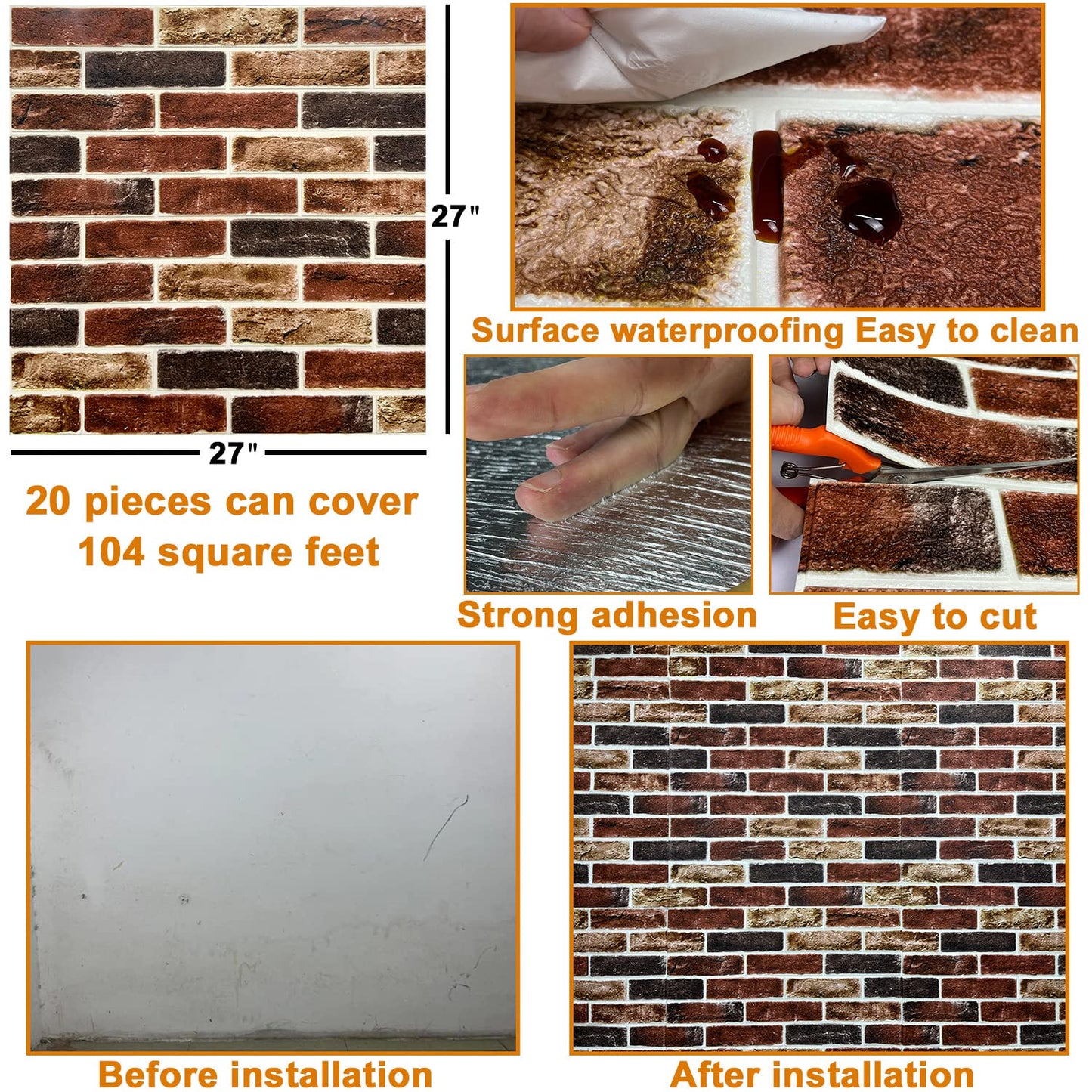 20-Pack 104 Sq.Ft 3D Wall Panels Peel and Stick 3D Faux Brick Wallpaper Peel and Stick Brown Grey Faux Stone Wall Panel Foam Brick Self-Adhesive 3D Wallpaper
