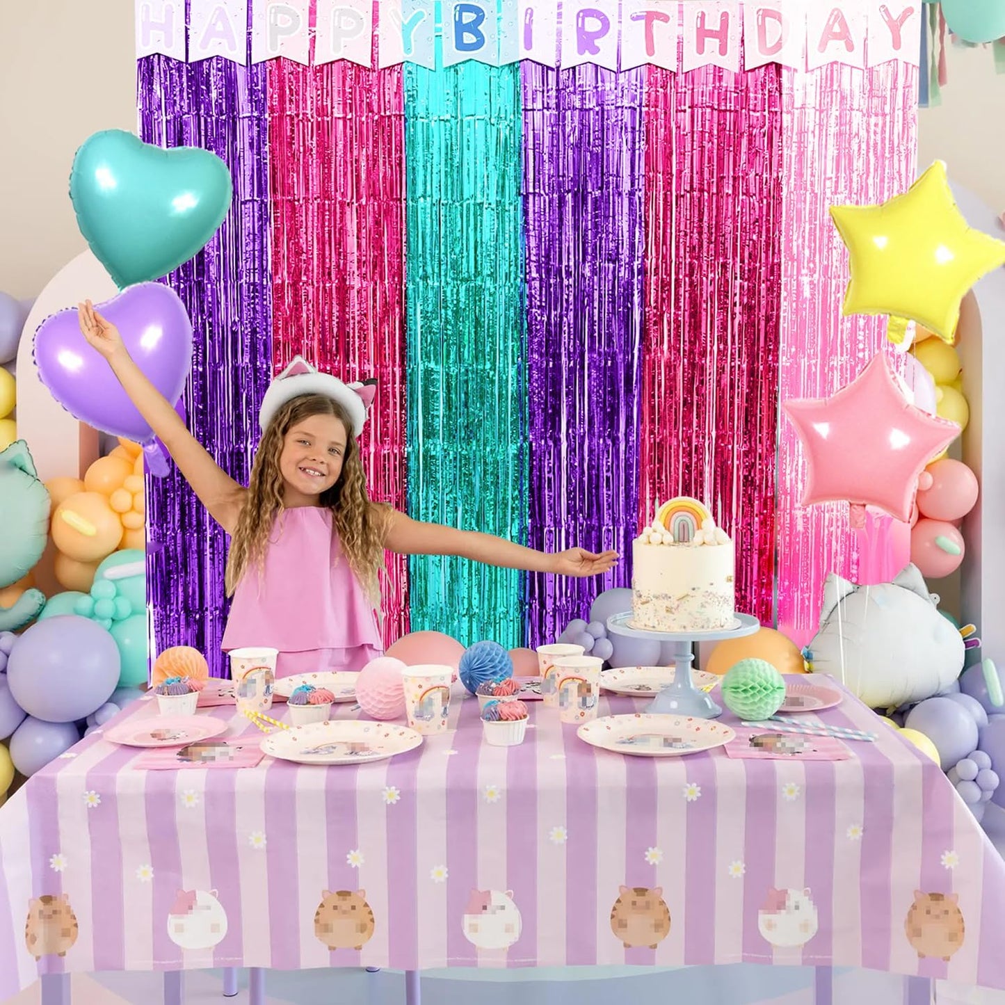 Satankya 2 Pack Cute Dollhouse Birthday Decorations, Dollhouse Party Photo Booth Prop, Purple Pink Teal Fringe Curtains