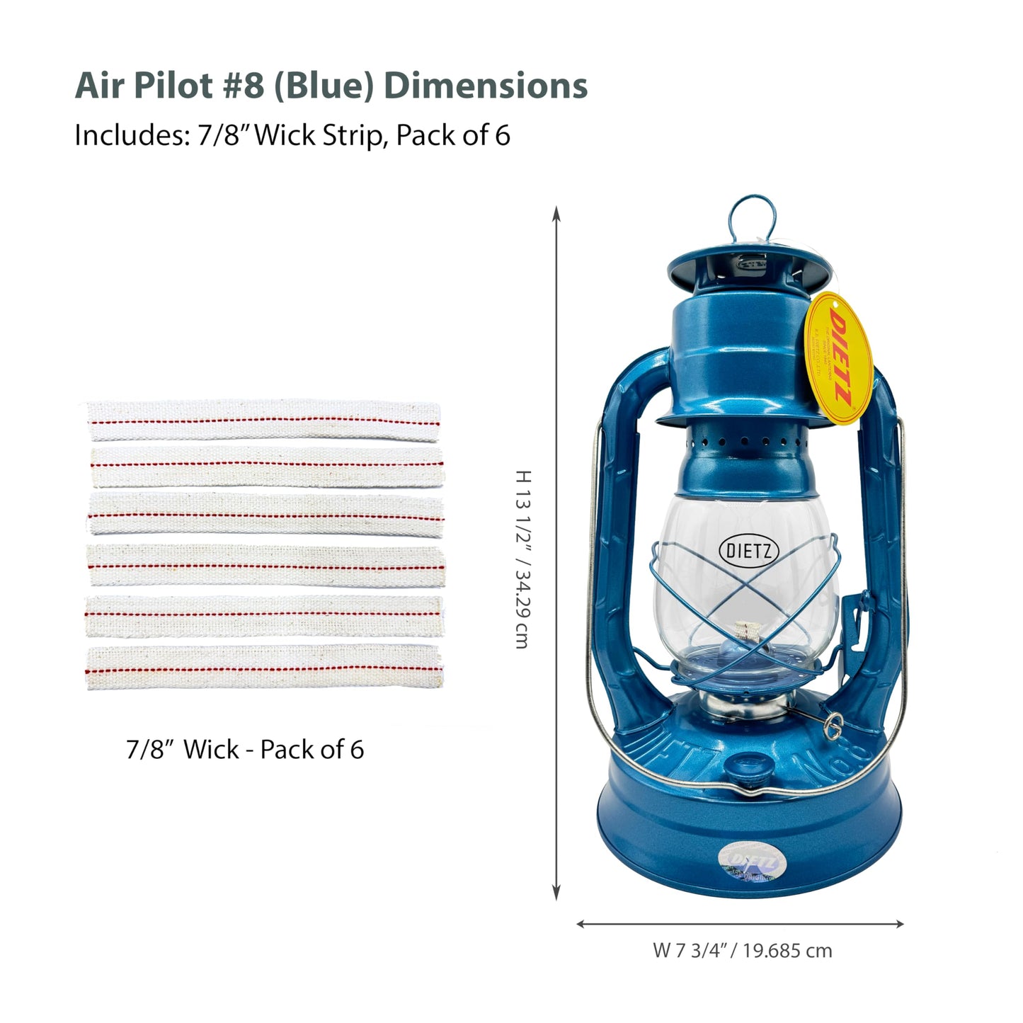 LIGHT OF MINE Dietz #08 Air Pilot Blue Oil Lantern, Multicolor, Metal, Model LOM-LAMP-8, with 7/8in Replacement Wick Strips