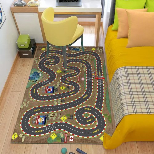 Kids Rug Car Rugs for Kids Toy Cars Play Mat City Life Road Rug for Cars Fun City Map for Carpet for Bedroom Boys (Sand Track, 31 * 47 inches)