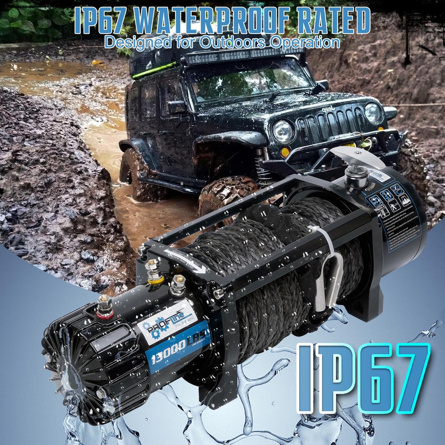 PROFLine Electric Winch 13000 lbs ATV Winch 12V with Synthetic Rope and Hook Truck Winch with Hawse Fairlead Remote Control for Towing UTV SUV Off Road Vehicle