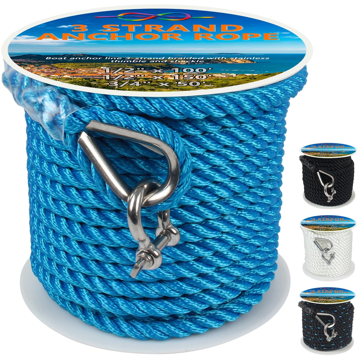 Anchor Rope 1/2 Inch 100 FT, Anchor Line 3 Strand Boat Rope with Stainless Steel Thimble & Shackle, Boat Anchor Rope Ideal for Towing Docking Mooring Boats Up to 35' - Lake Blue