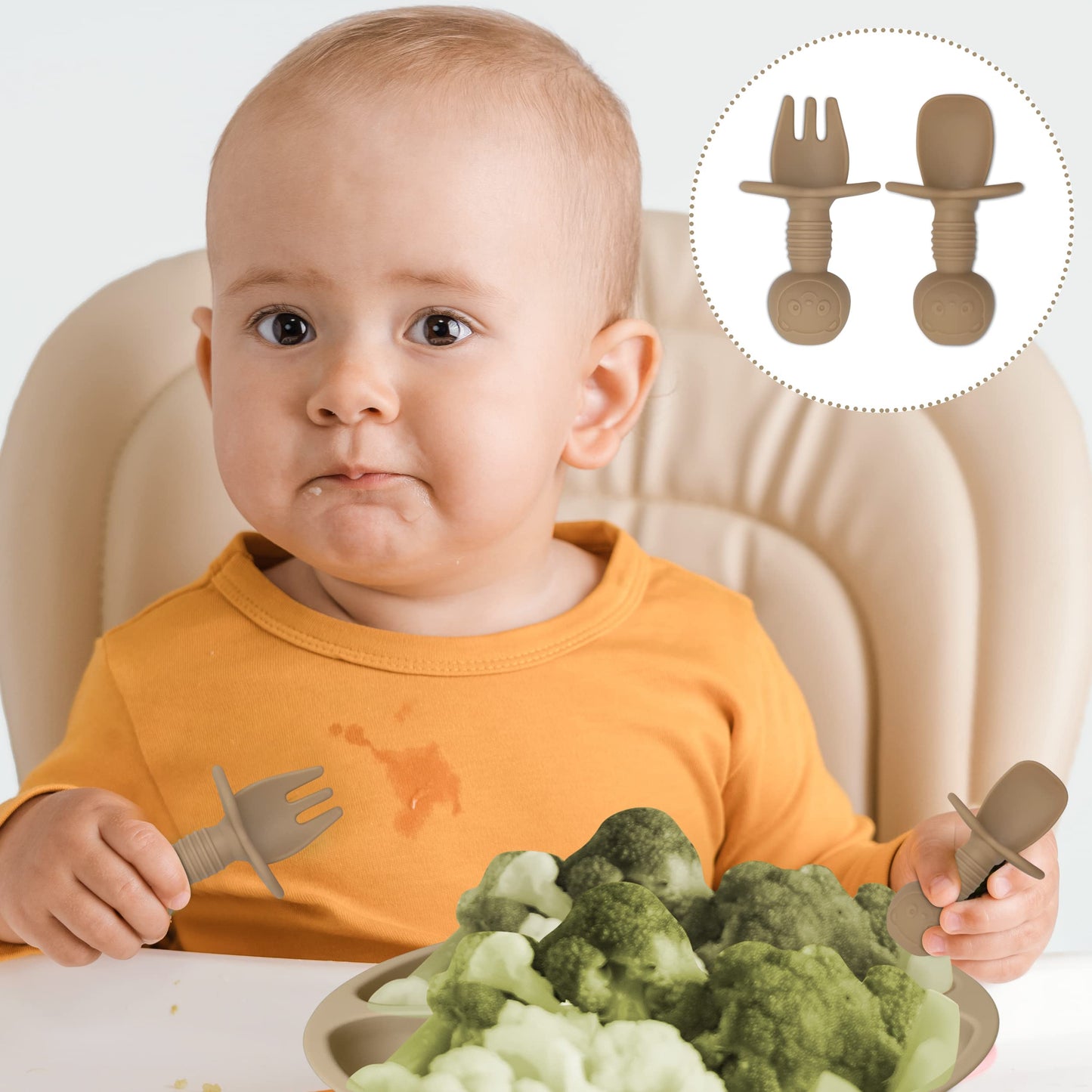 Mutualproducts - Baby Feeding Set 10-Piece | Baby Led Weaning Utensils Set Includes Suction Bowl and Plate, Baby Spoon and Fork, Sippy Cup, Straw, Lid & 2Bibs | Baby Feeding Supplies (B-Beige)