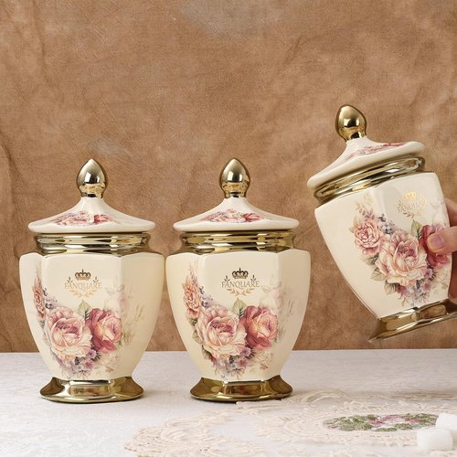 Fanquare Vintage Royal Style Canisters - Floral Porcelain Sugar Bowl Set of 3 with Gold Trim & Airtight Lid