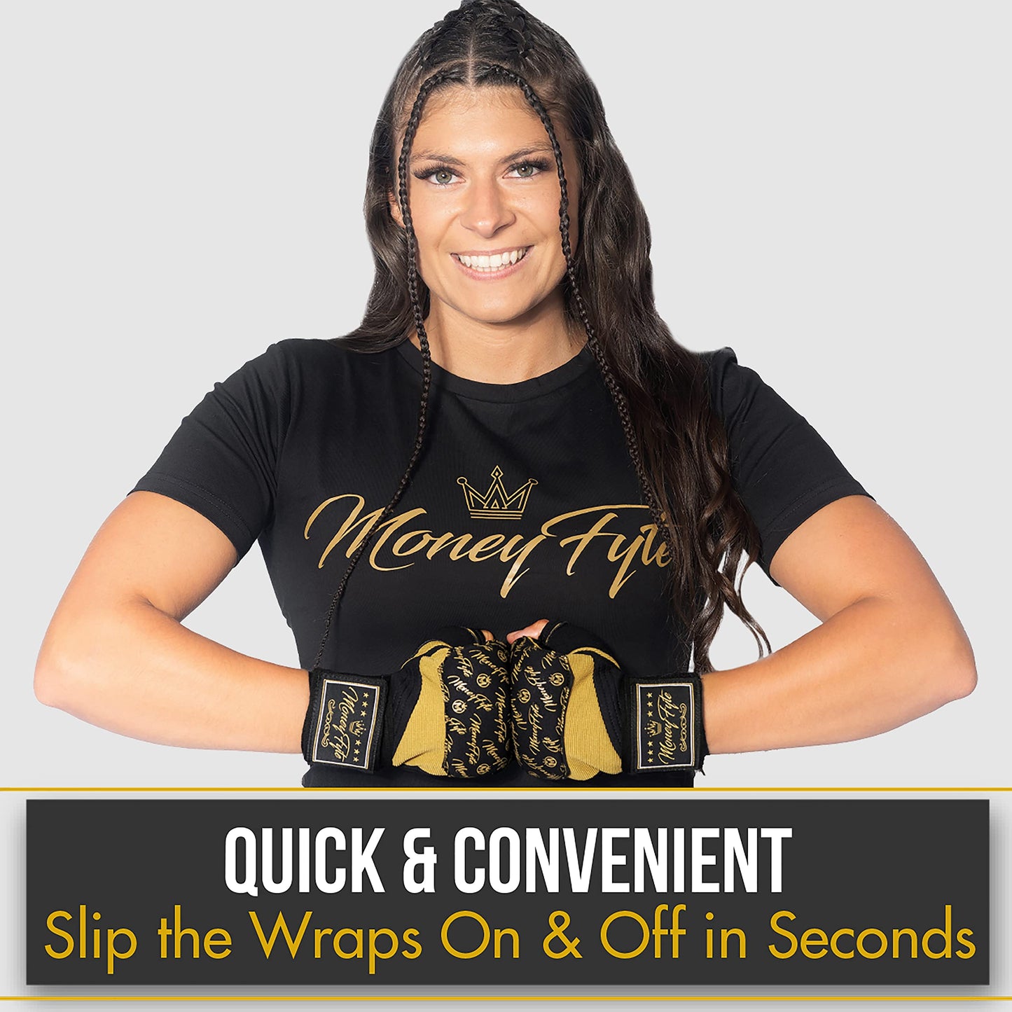 Quick Gel Boxing Wraps Under Boxing Gloves - Kickboxing MMA Muay Thai - Fist, Knuckle, Wrist Wrap Protection Inner Glove Hand Wraps - Men Women Kids - MoneyFyte (Black/Gold, S/M)