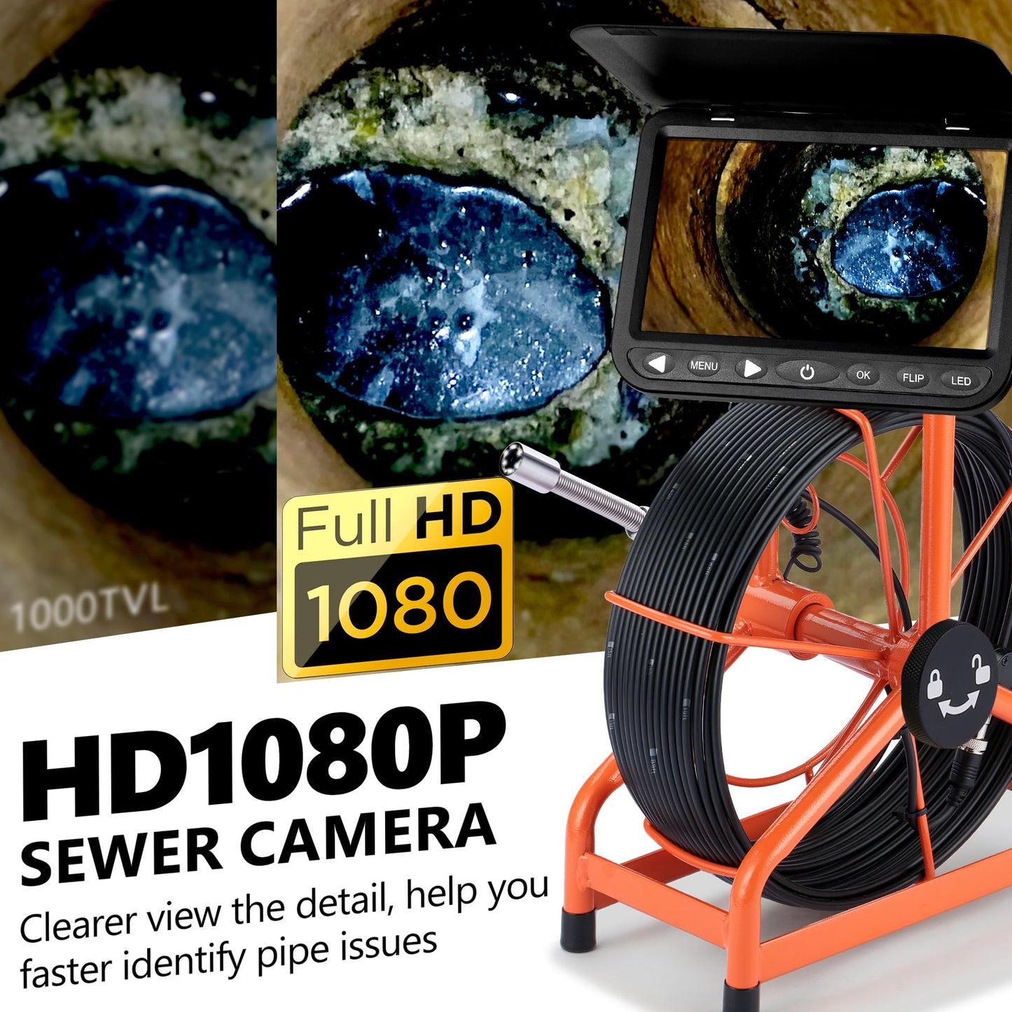 𝟐𝟎𝟐𝟔 𝐧𝐞𝐰 7” Sewer Camera, HD 1080P w/DVR-32GB, [New 1s Twist-to-Unlock System] Plumbing Snake Pipe Inspection Camera, [Thicker Cable Reel] Drain Camera, 5000mAh, [360°+180° Rotate] 100ft/30m