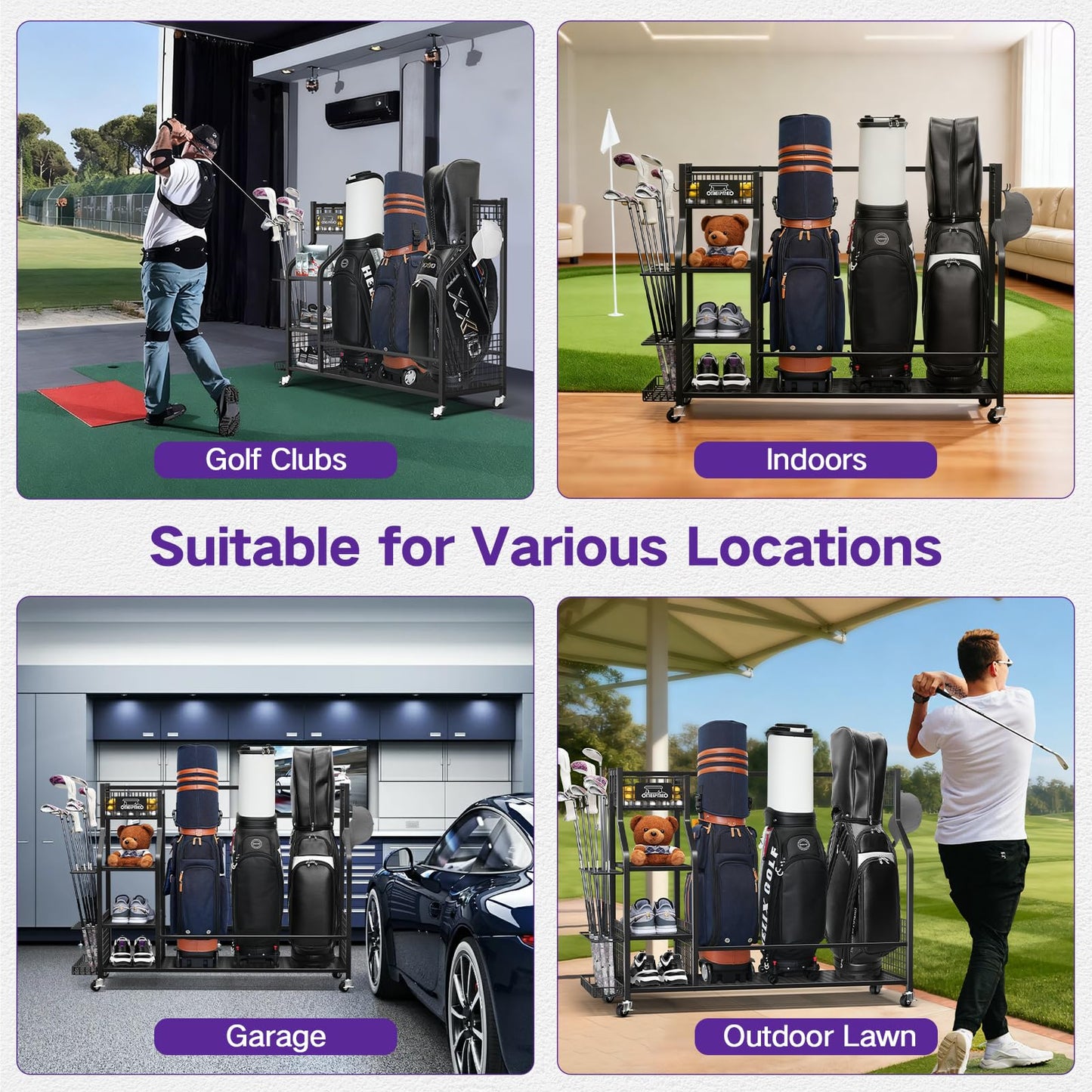 Golf Bag Storage Garage Organizer, Golf Bag Storage Stand and Other Golfing Equipment Accessories Rack, 3 Golf Bag Storage Rack with Wheels, Golf Organizer for Home, Garage, Club, Shed, Basement