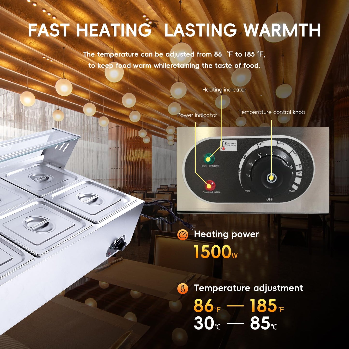 6-Pan Commercial Food Warmer, 72 Qt Electric Steam Table, Stainless Steel Bain Marie with Tempered Glass Cover, 1500W Countertop Food Warmer 86-185°F Temp Control for Catering, Restaurant, Silver