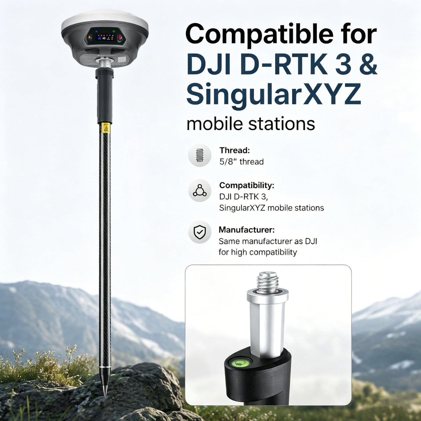 Self-Locking Survey Pole, Carbon Fiber & Aluminum Lightweight GPS Rover Pole, 5/8" Thread, Adjustable Height 125-200 cm (49-79"), Compatible with DJI, SingularXYZ & Most RTK Rover Systems