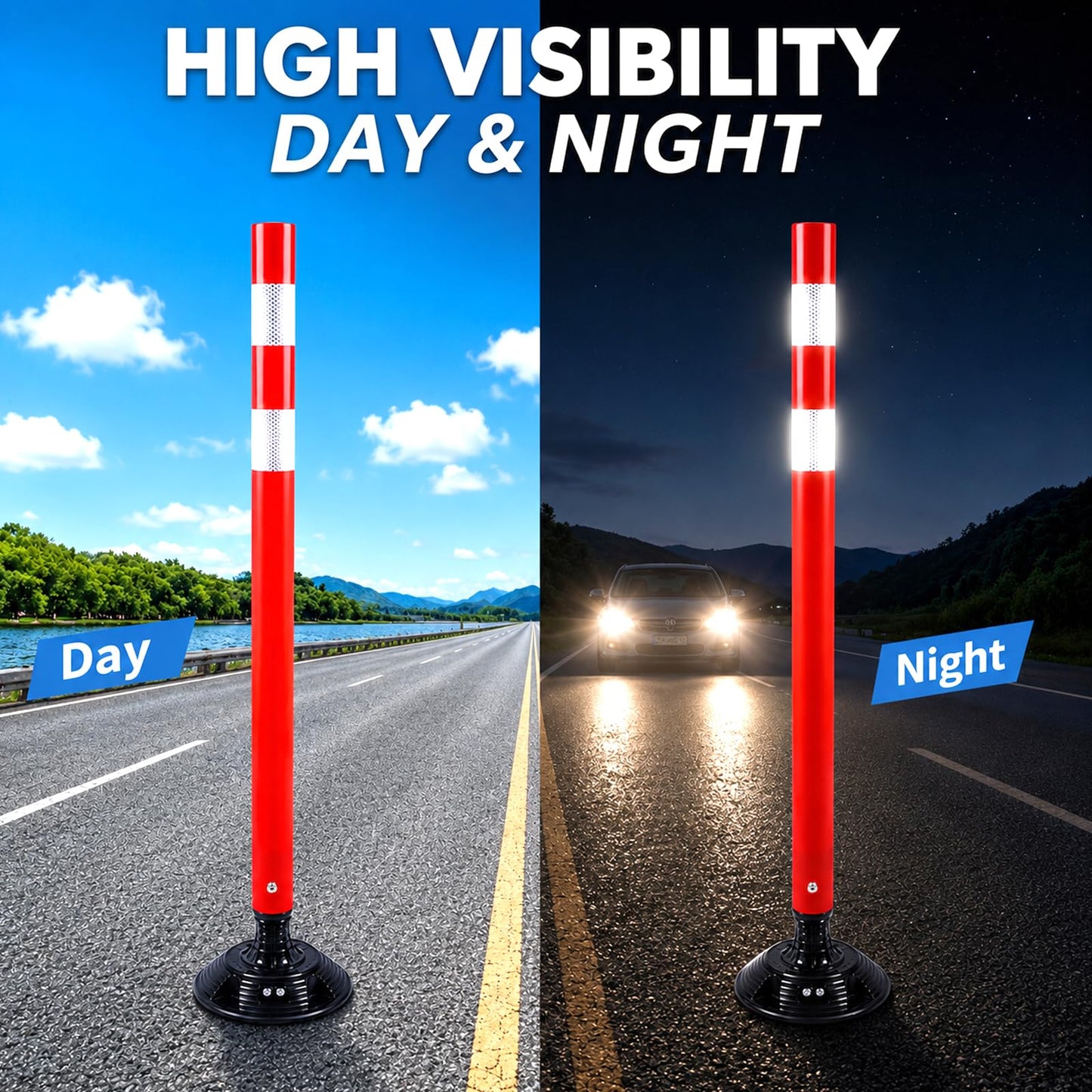BESEA 8PCS 48" Traffic Delineator Posts with Detachable Base & High-Visibility Reflective Collars,Orange Durable Flexible Safety Cones for Work Zones, Parking Lots, and Roadways