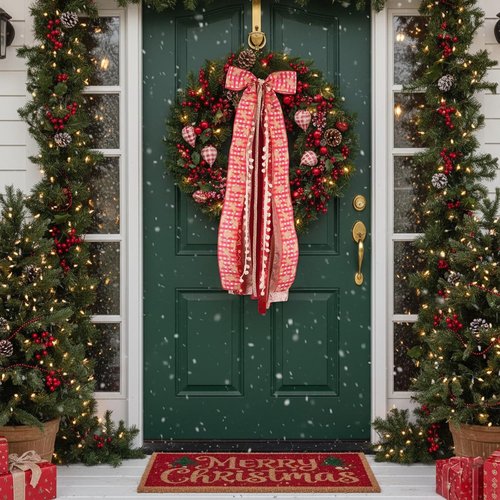 Buffalo Plaid Christmas Wreath Sash Bow - 27.5" Metal Clip with 7 Layered Ribbons for Holiday Decor