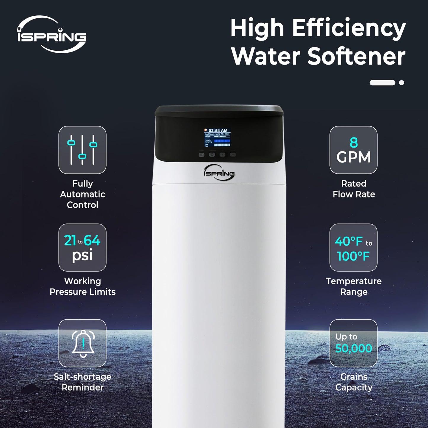 iSpring Whole House Water Softener System, 50,000 Grain High Capacity Removes Hardness with Automatic Backwash and Low Salt Alarm, Hardness & Scale Reduction in House and Commercial Water Use, WCS50KG