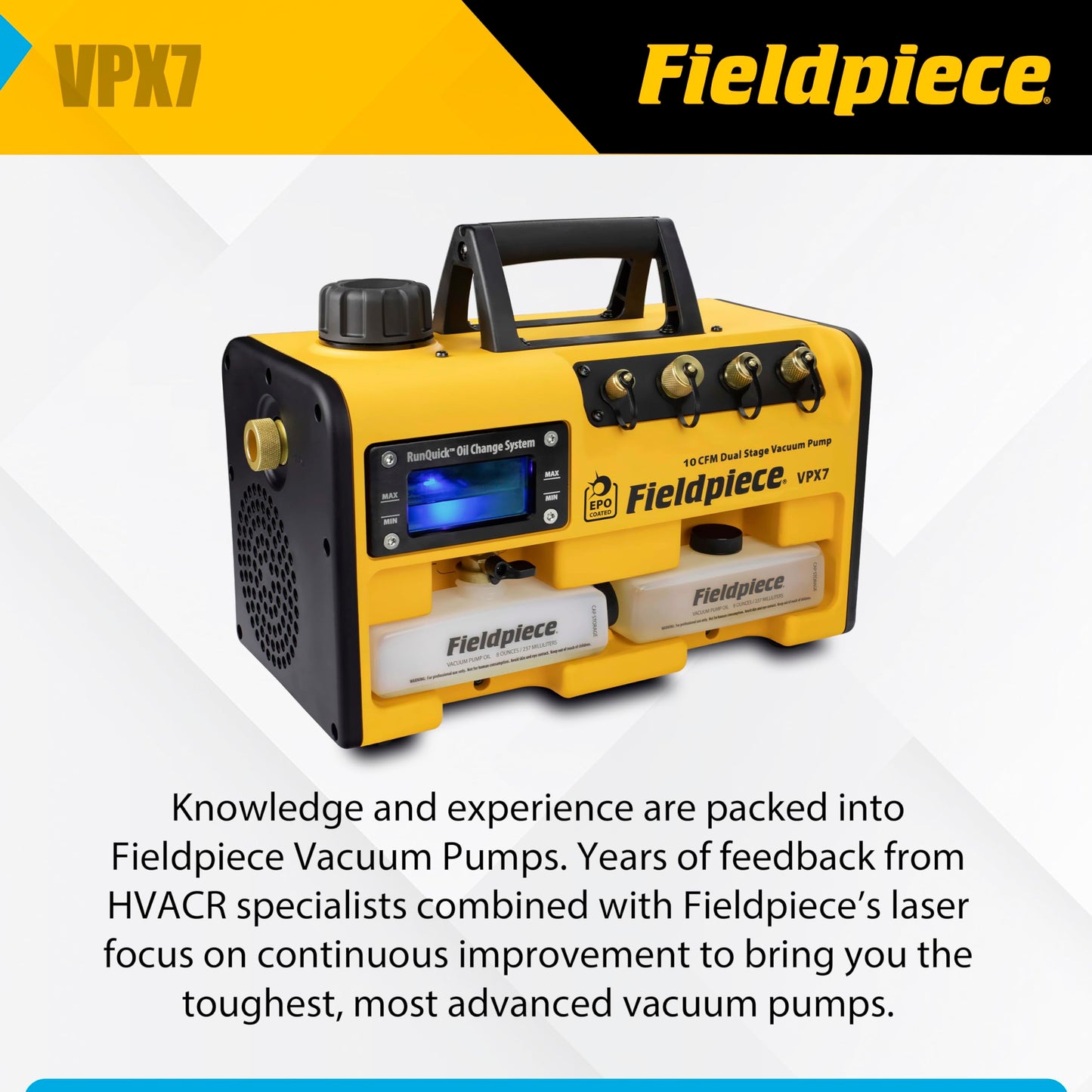 Fieldpiece VPX7 Vacuum Pump – 10 CFM, ¾ HP DC Motor, RunQuick Oil Change System – Portable - Professional HVAC Tool - A2L Compatible