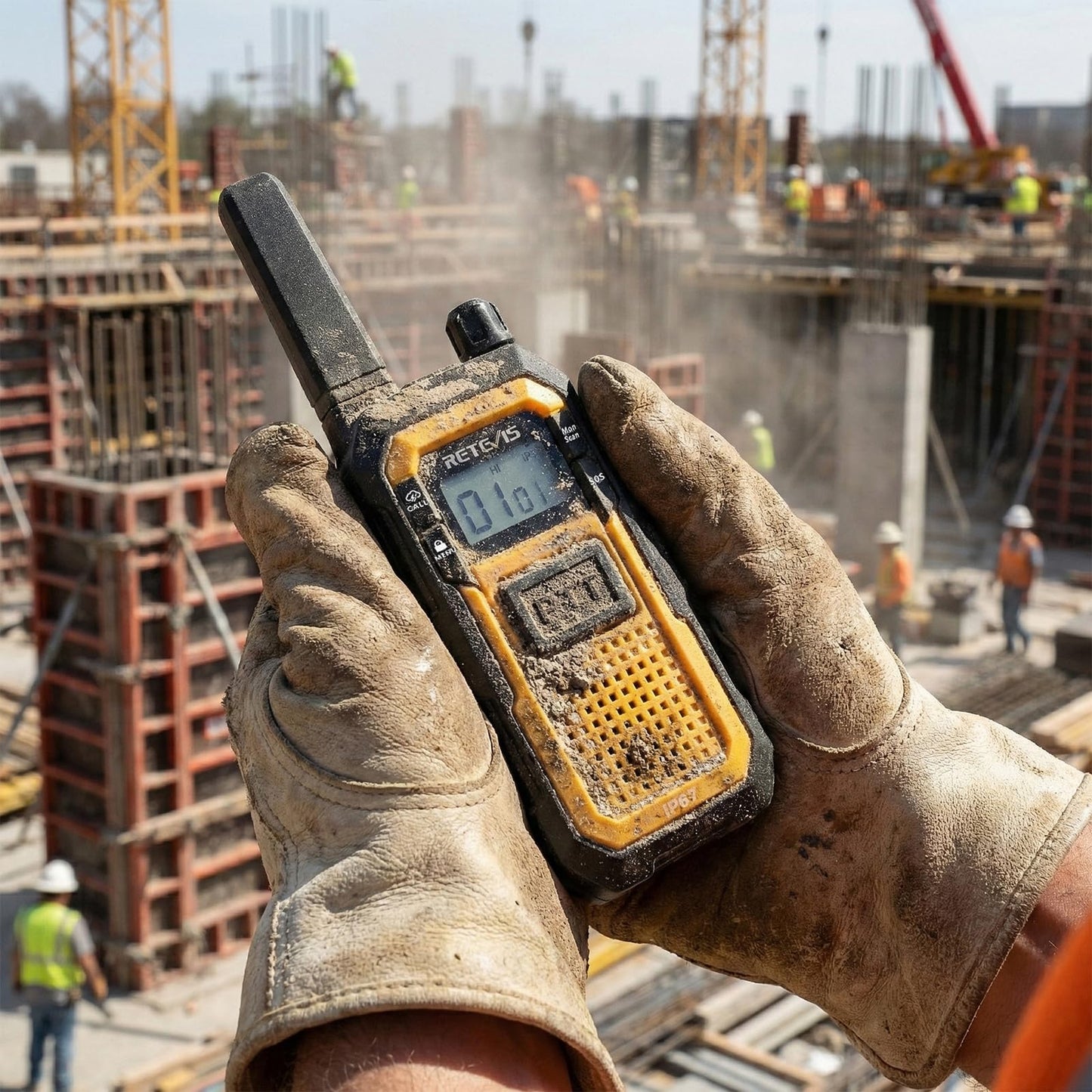 Retevis RB48 IP67 Waterproof Walkie Talkies Long Range, MIL-STD-810H Heavy Duty Two Way Radio, Rugged & Large Front PTT, Vibration Alert, NOAA, Floating, for Construction Job Site (4 Pack) Yellow