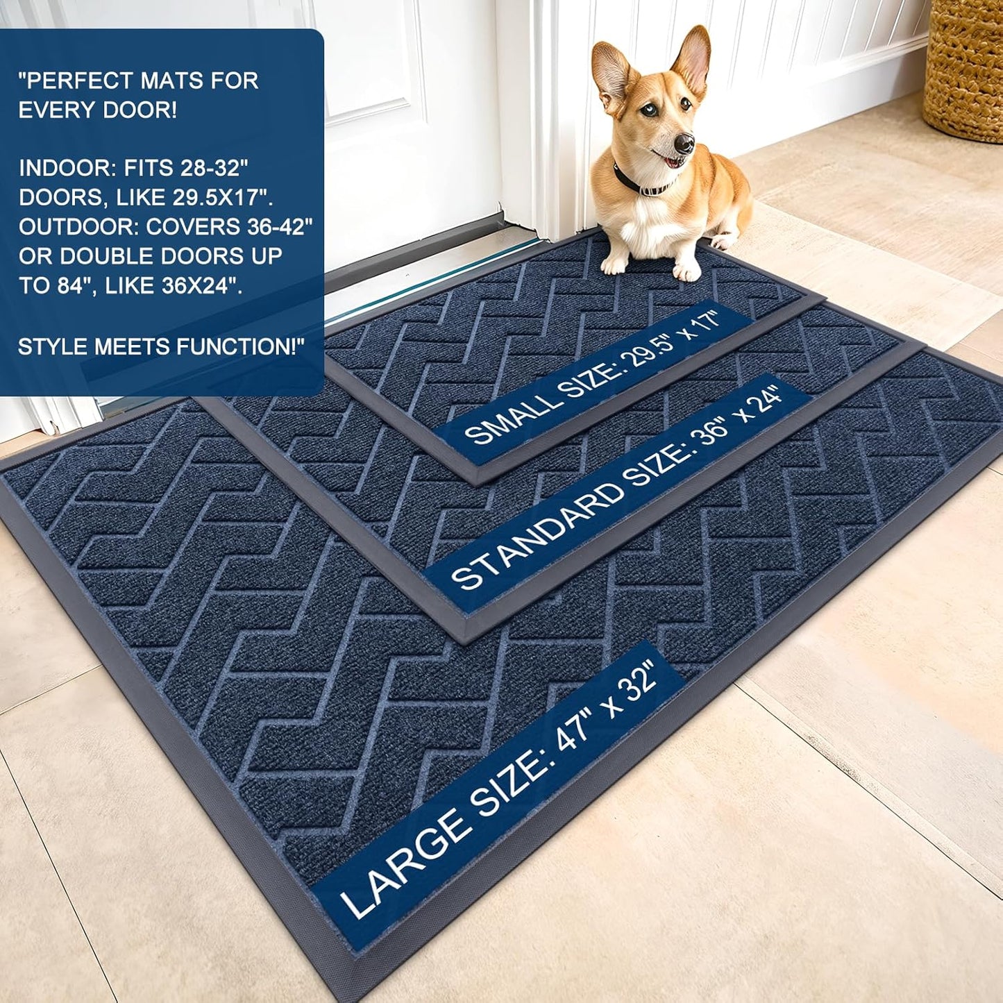 OLANLY Waterproof Front Door Mat | All-Season Herringbone Design | Easy Clean Natural Rubber | 29.5"x17" (Blue)