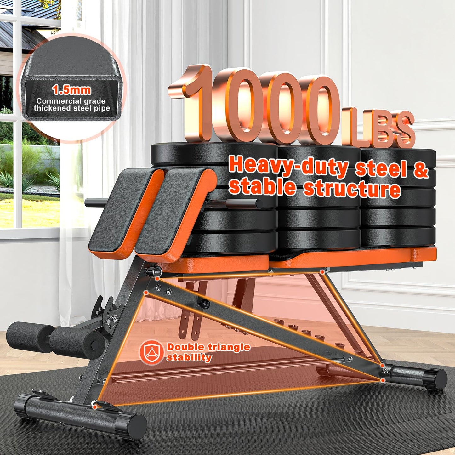 XDDIAS Roman Chair, Adjustable Weight Bench Back Extension Machine for Home Gym, 1000LBS All-in-One Sit Up Bench with Dumbbell Rack, Incline, Decline, and Flat Bench for Hyperextension, Core, Glute