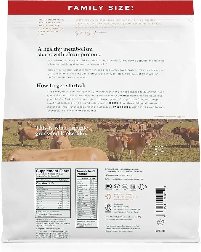 Natural Force Whey Protein Powder ??Chocolate, 5 lbs ??Grass Fed Organic, Pure, Keto & Paleo Friendly, Low Carb, Kosher, Non GMO ??Family Size A2 Protein