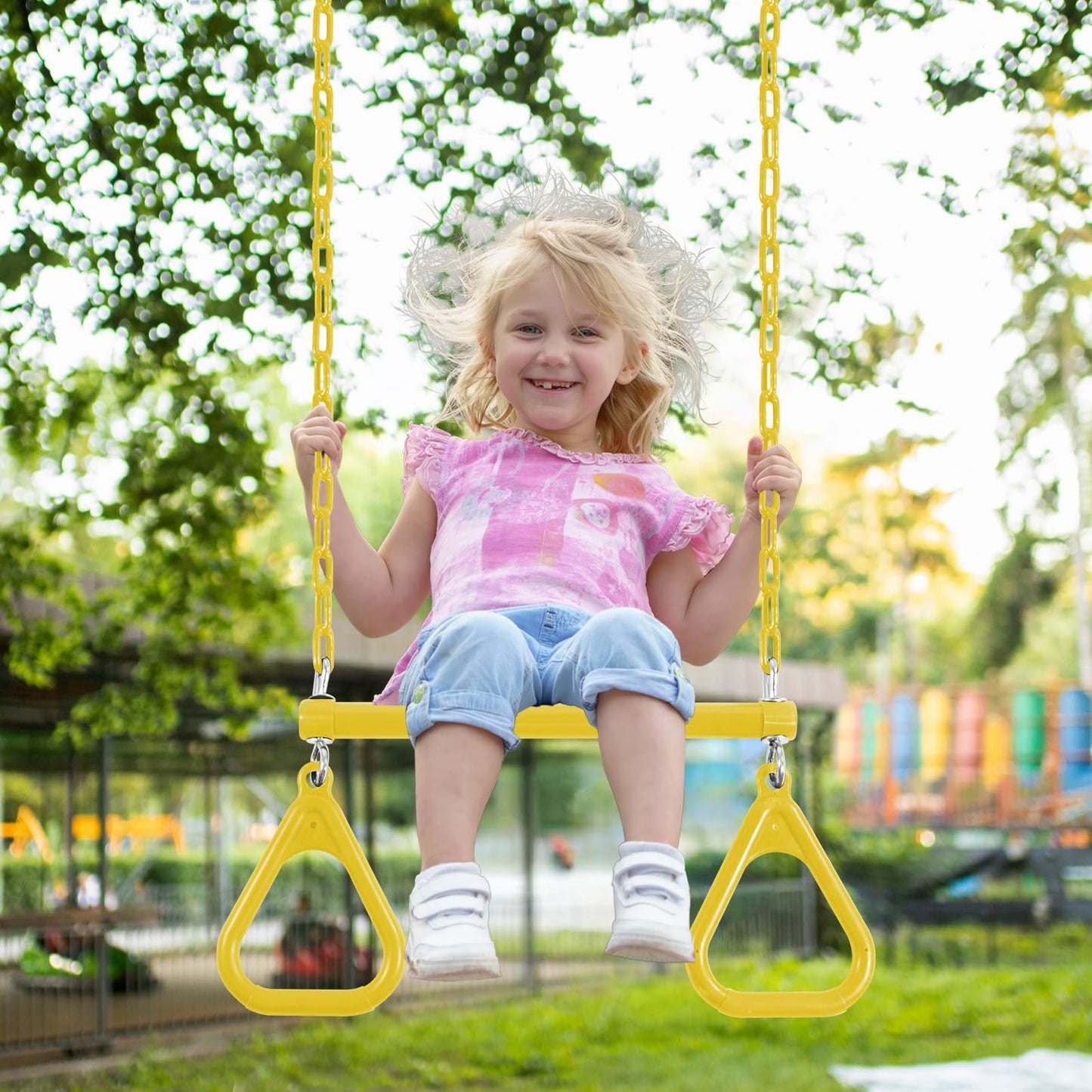 Duty Ring Trapeze Bar for Backyard-16.5" Trapeze Swing Bar- Swingset Accessories Outdoor with 47" Coated Chains 2 Snap Hooks (AB010004-1)