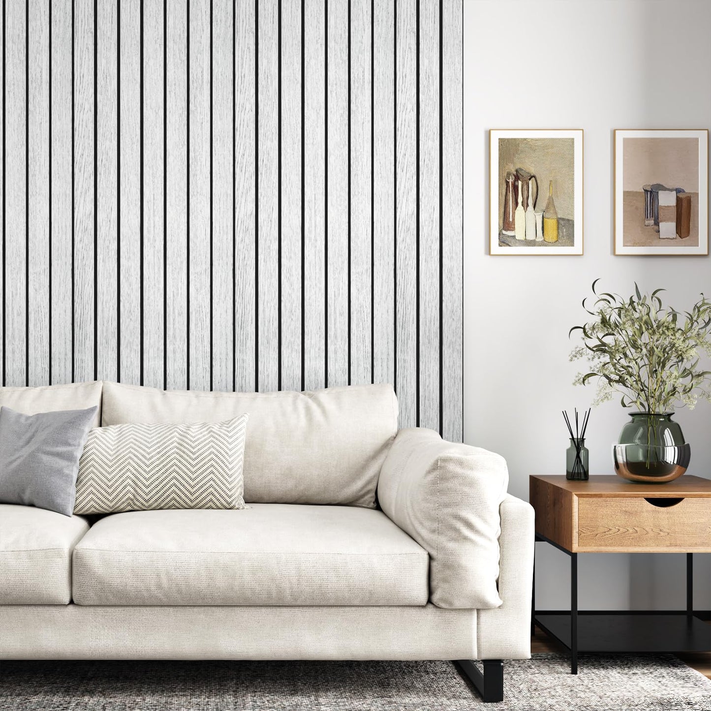 STICKEEP White/Grey 3D Wood Slat Panels for Walls Peel and Stick PVC Slat Wall Paneling Soundproof Self Adhesive Faux Wooden Slatted Panel for Wall Decor Interior Living Room Bedroom 118"x 11.8"