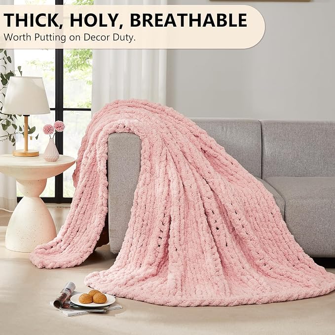 L'AGRATY Chunky Knit Blanket Throw - Soft Chenille Yarn Throw Blanket 60x80: Handmade Thick Cable Knit Crochet Blanket - Large Knit Blanket Chunky Rope Knot Throw Blanket for Couch Sofa Bed Home Decor