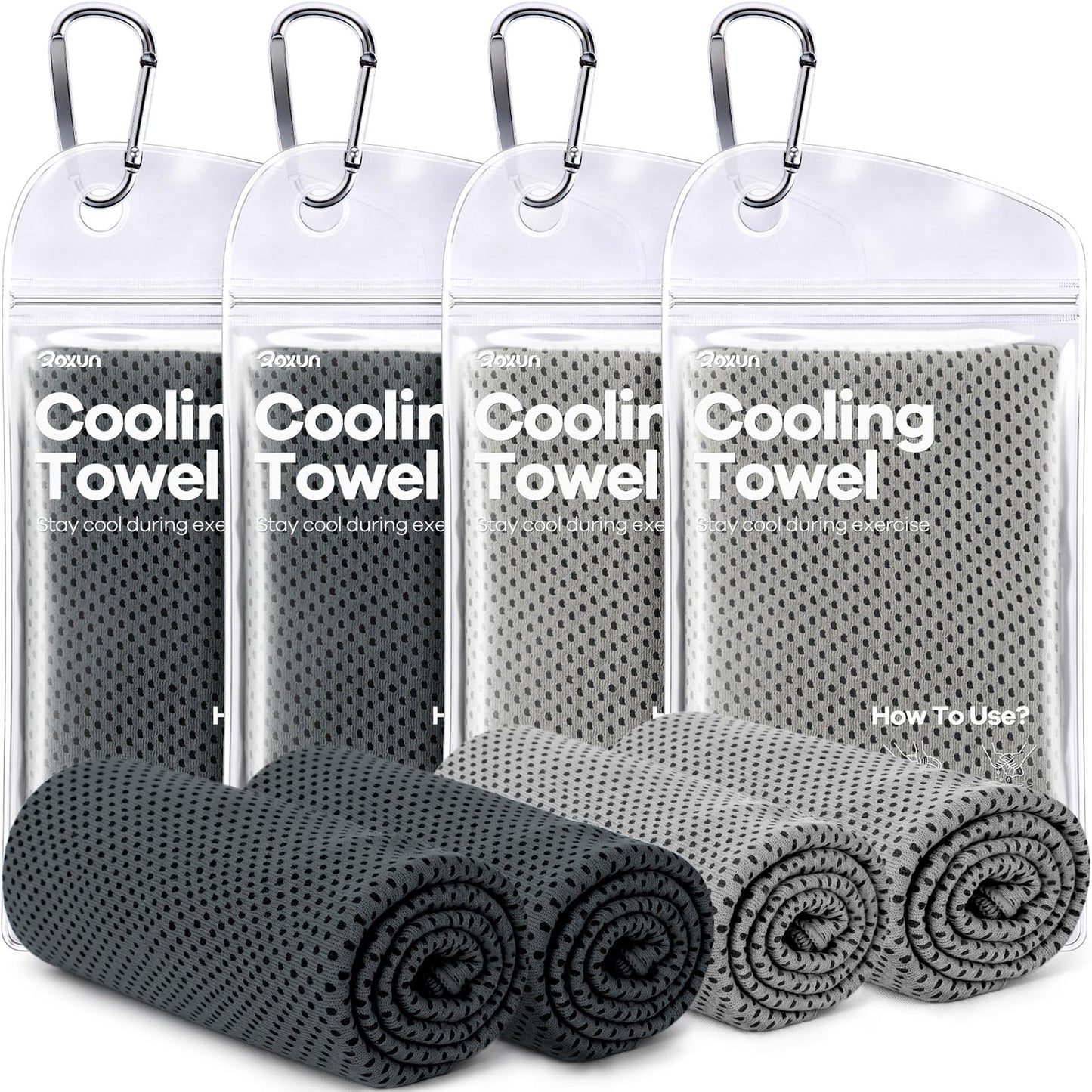ROXUN 4 Pack Cooling Towels, 40''x12'' Soft Breathable Chilly Neck Ice Towel for Workout Running Golf 2 Gray+2 Dark Gray